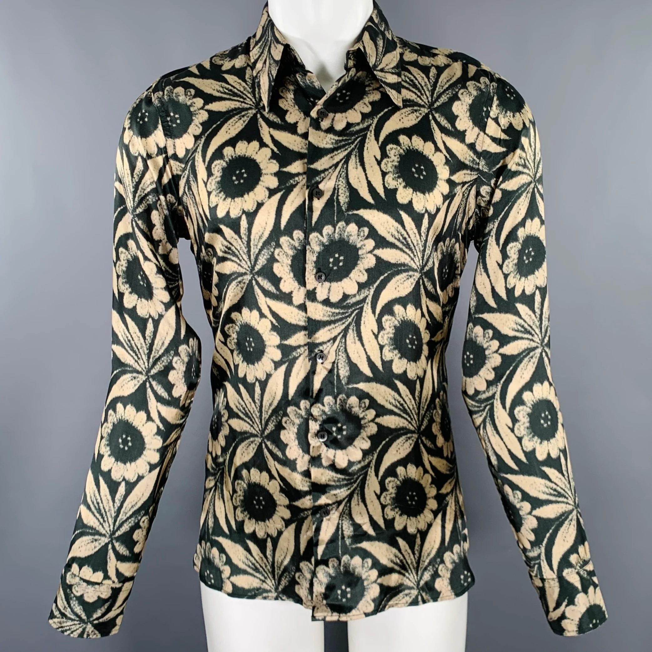 DRIES VAN NOTEN FW19 Archive Size 38 Black Beige Floral Viscose Long Sleeve Shirt