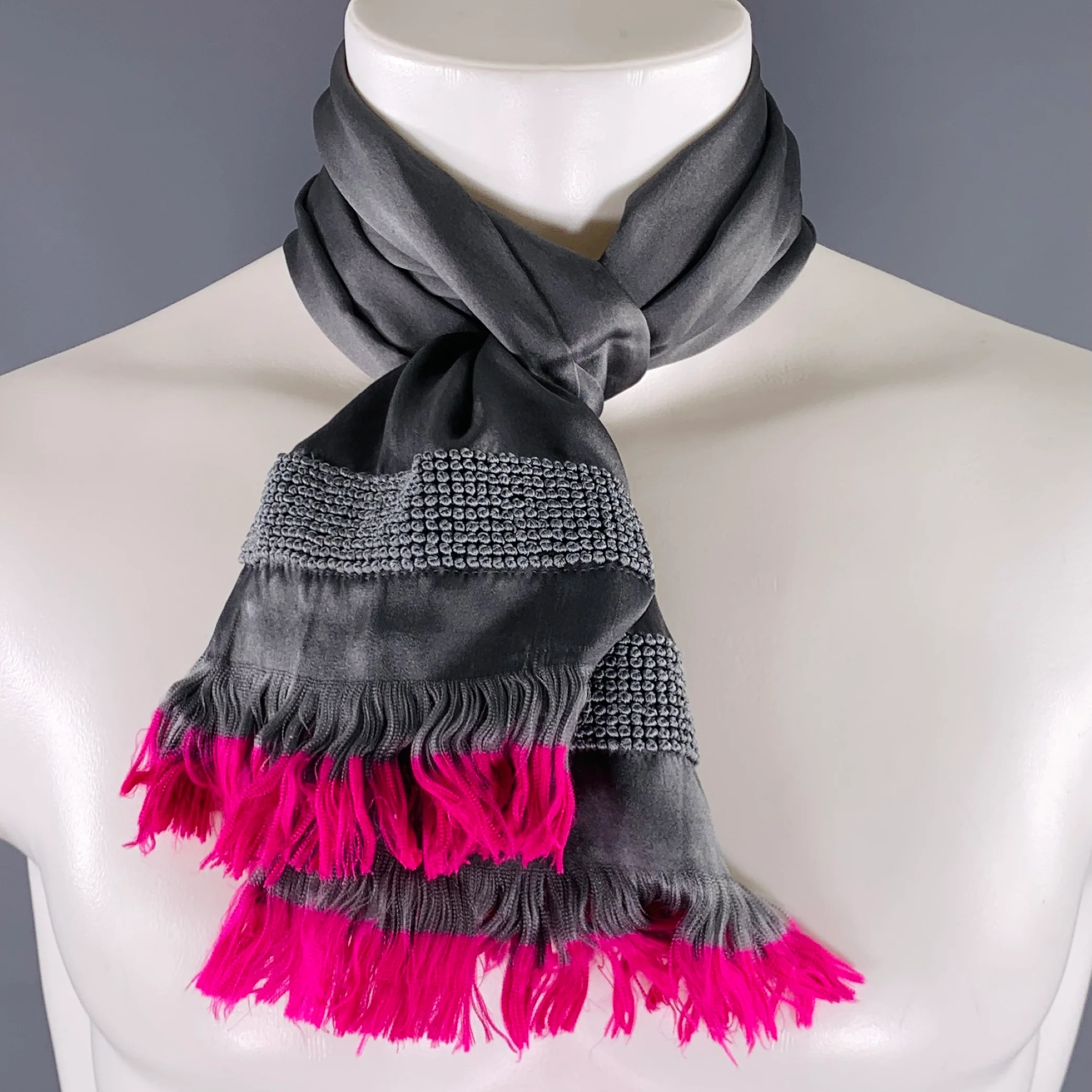 DRIES VAN NOTEN Grey Fuchsia Silk Fringe Scarf - Image 6