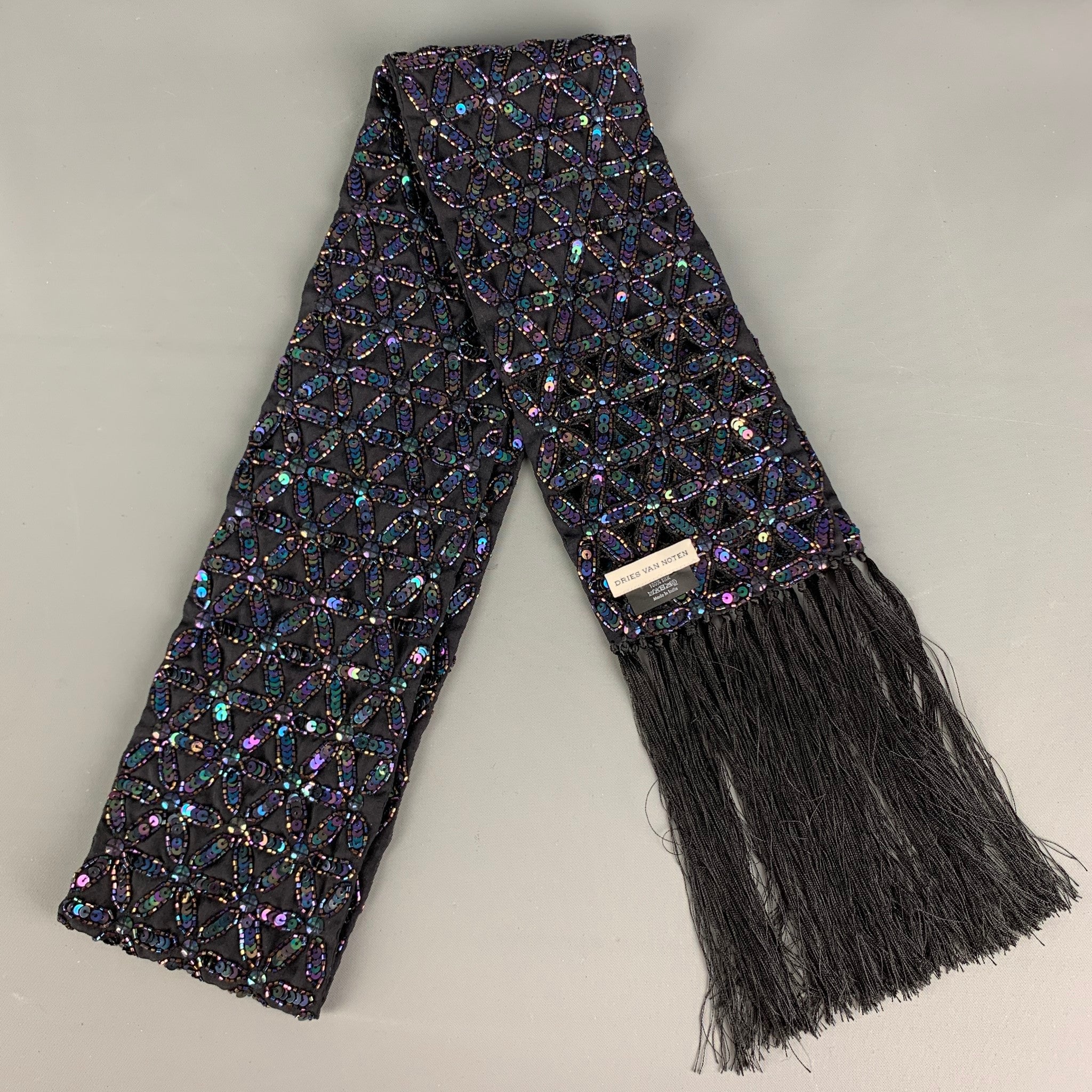 DRIES VAN NOTEN Navy Beaded Silk Scarves