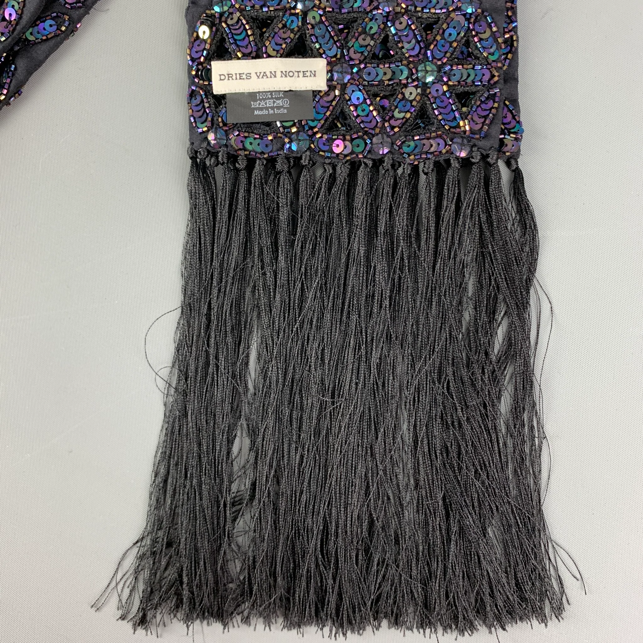 DRIES VAN NOTEN Navy Beaded Silk Scarves - Image 3