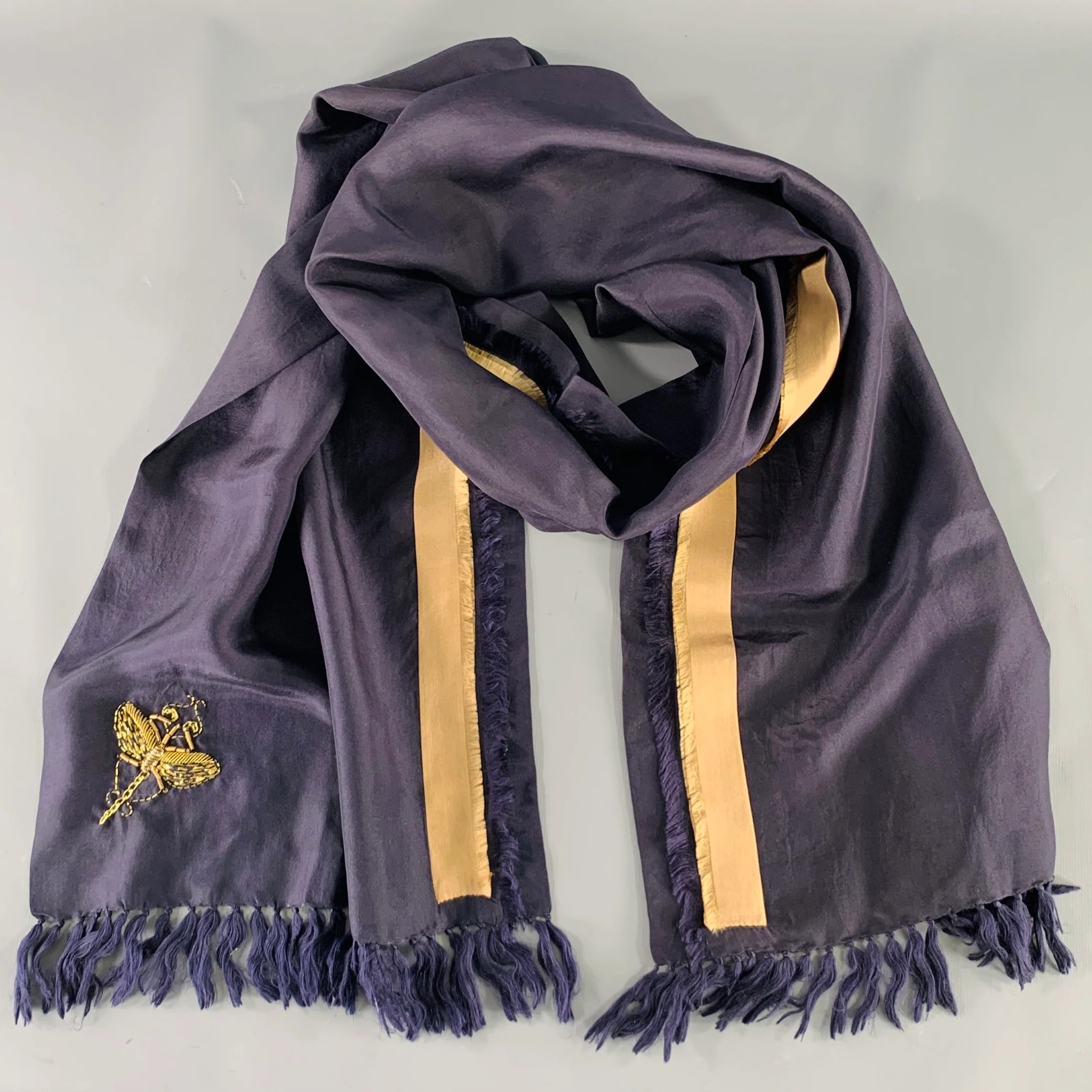 DRIES VAN NOTEN Navy Gold Embroidered Silk Scarf