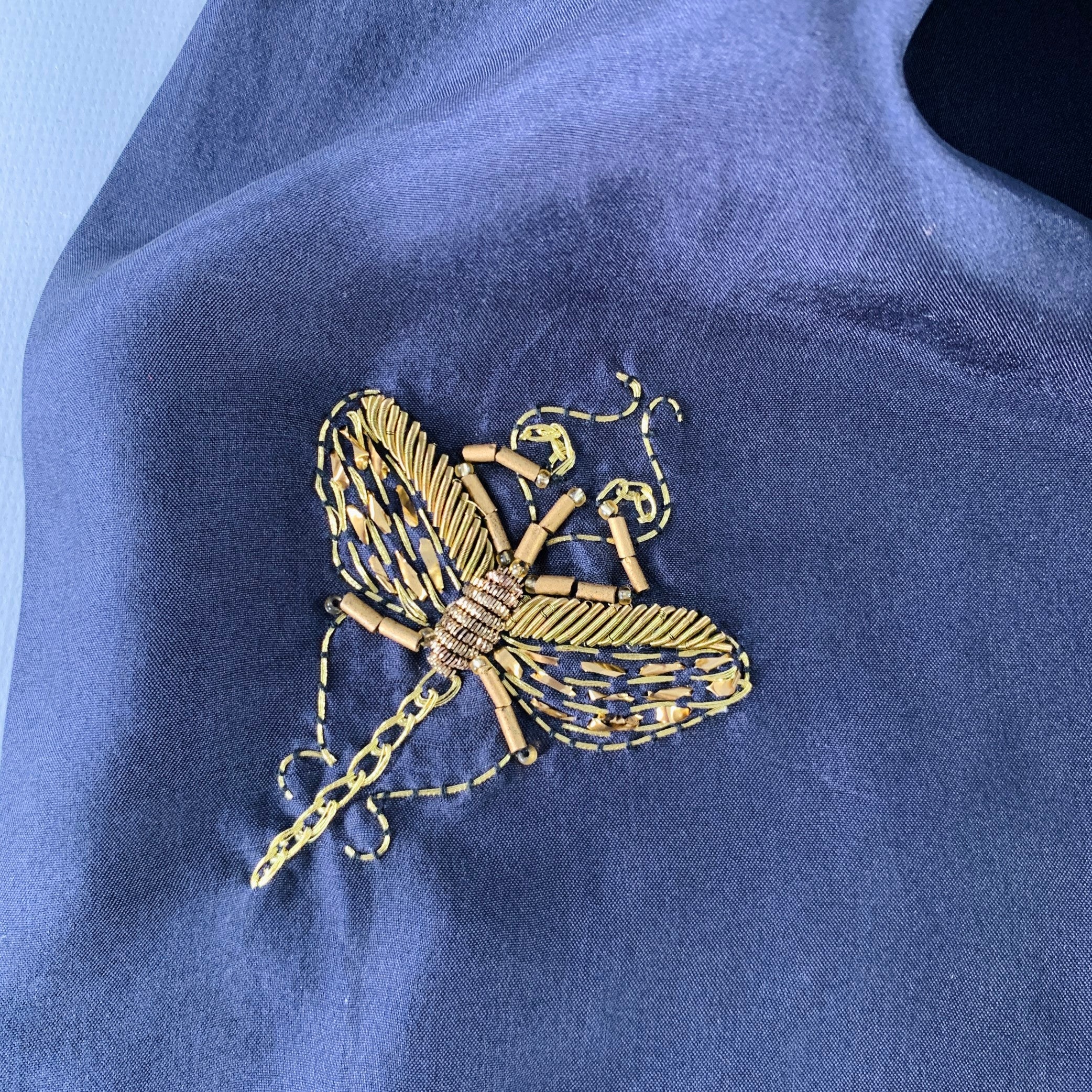 DRIES VAN NOTEN Navy Gold Embroidered Silk Scarf - Image 2