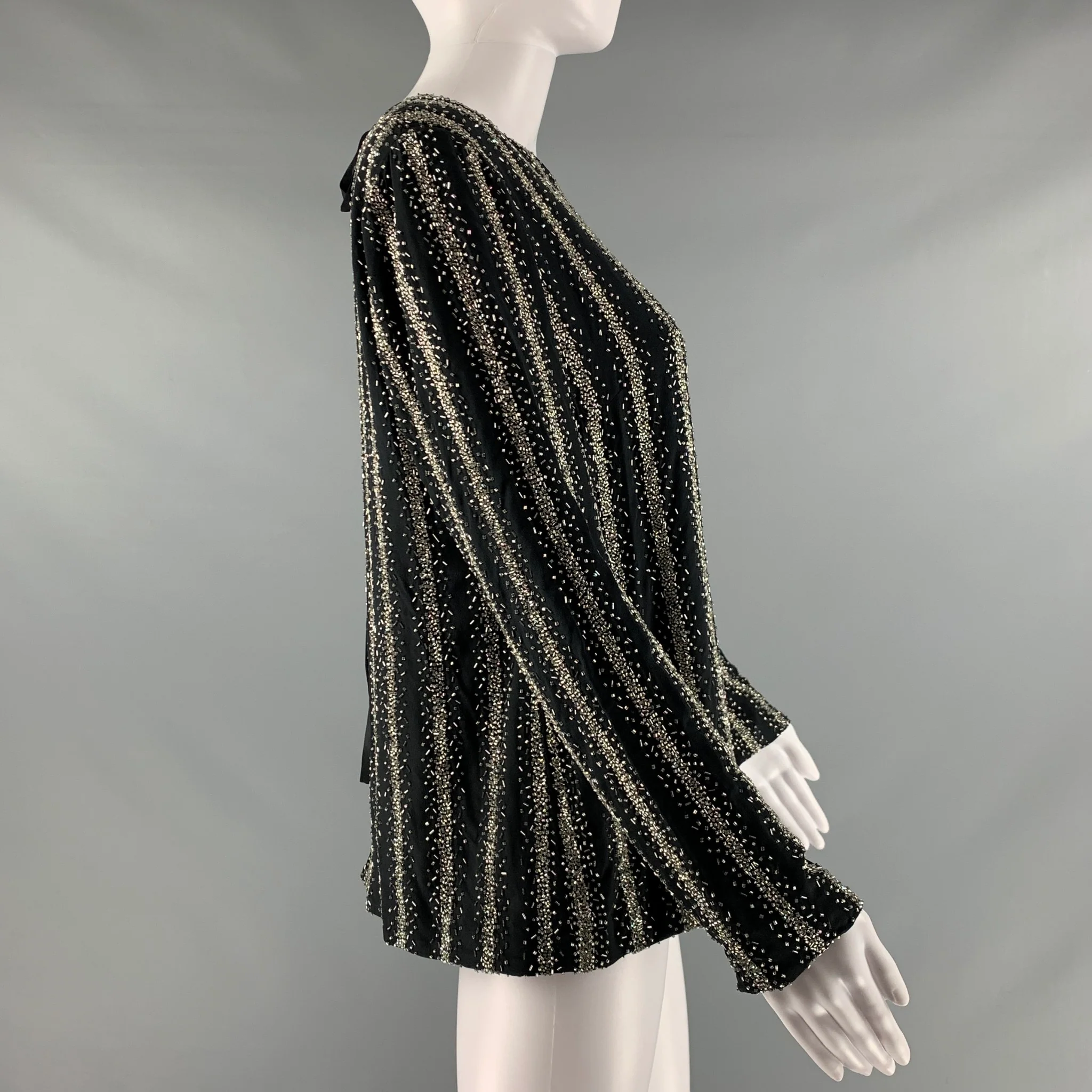 DRIES VAN NOTEN Size 10 Black Silver Silk Sequined Crew-Neck Dress Top - Image 3