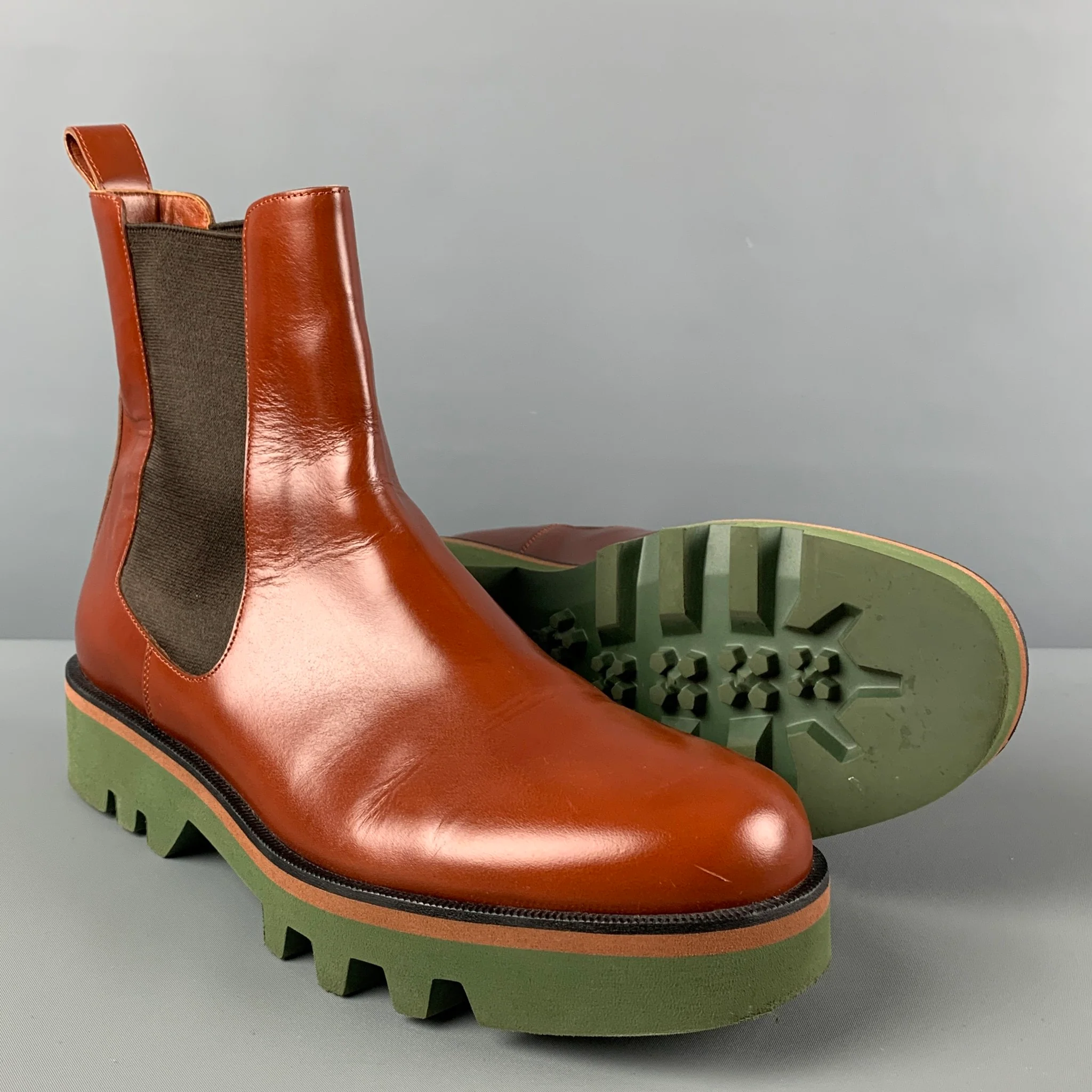 DRIES VAN NOTEN Size 11 Tan Green Leather Pull On Boots - Image 3