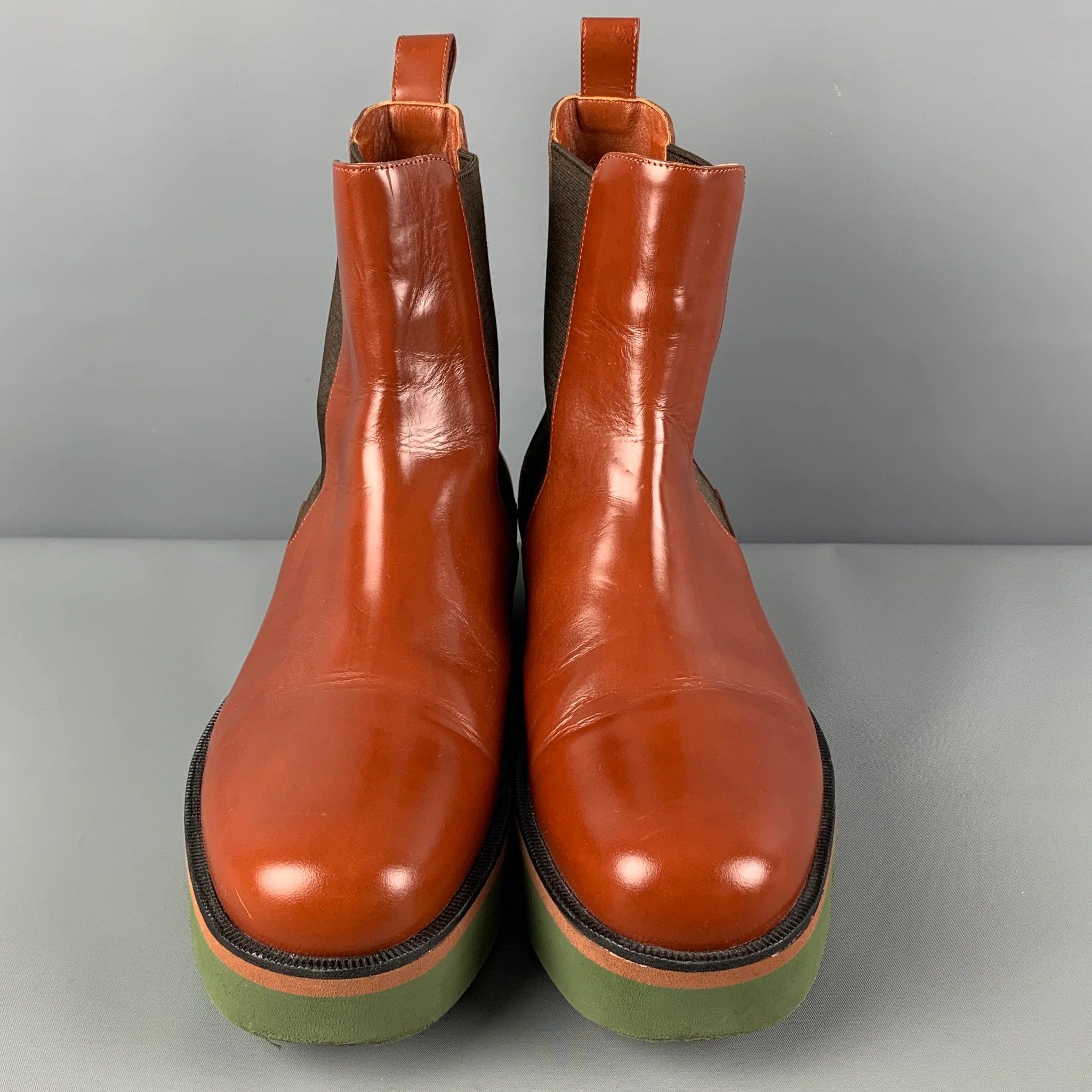 DRIES VAN NOTEN Size 11 Tan Green Leather Pull On Boots - Image 4