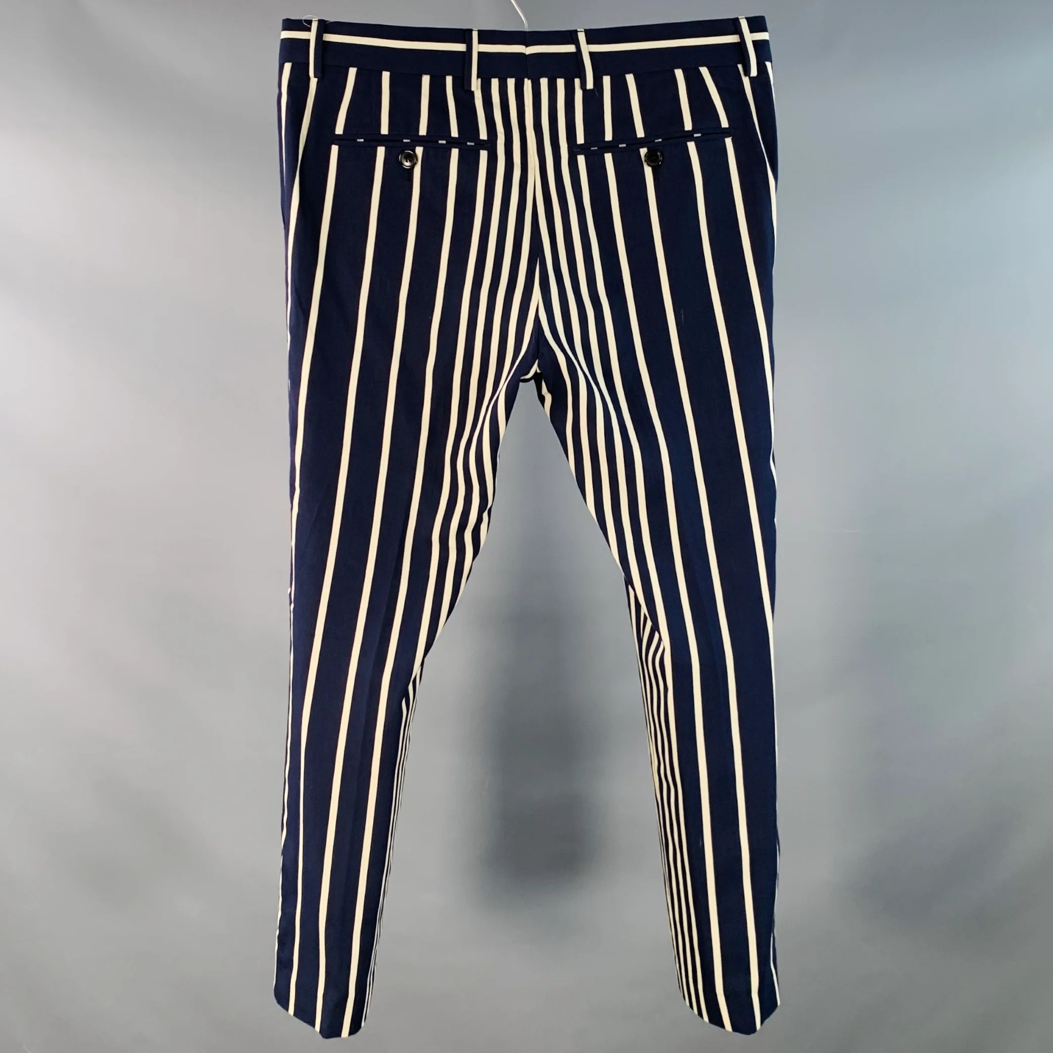 DRIES VAN NOTEN Size 32 Navy Cream Stripe Viscose Blend Dress Pants - Image 2