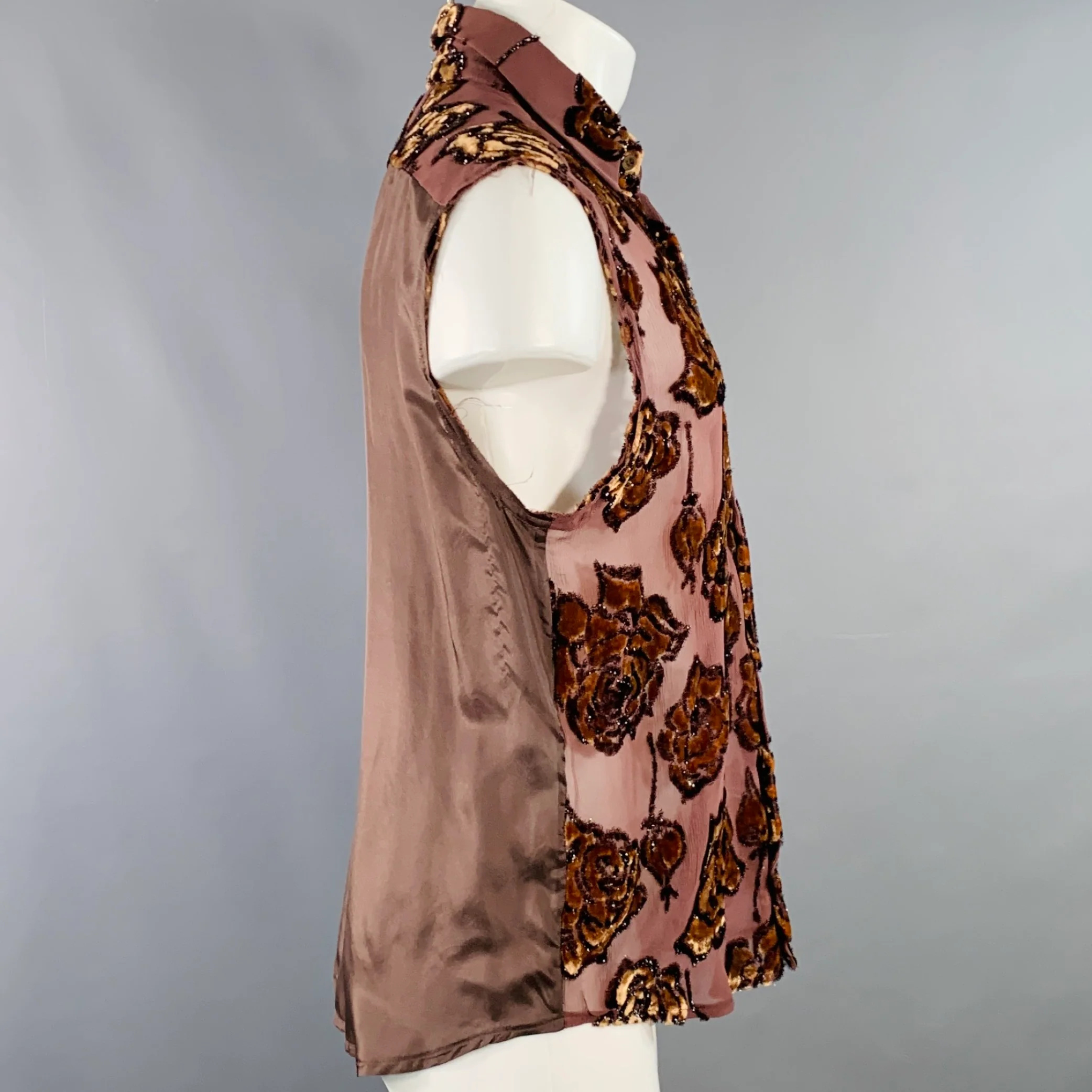 DRIES VAN NOTEN Size 36 Brown Tan Floral Viscose Silk Blend Velour Tank Top - Image 3