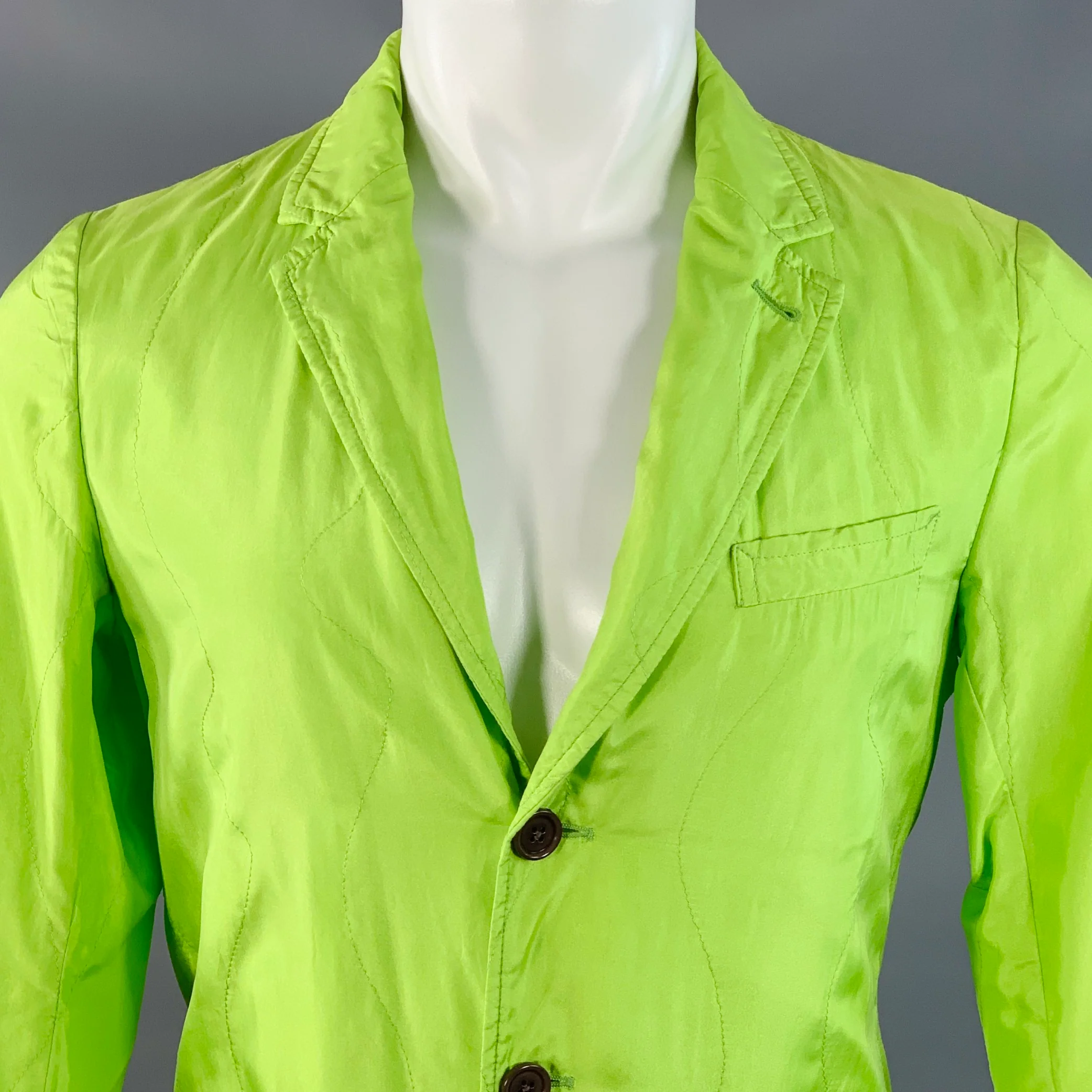 DRIES VAN NOTEN Size 36 Green Lime Silk Cotton Quilted Notch Lapel Jacket - Image 2