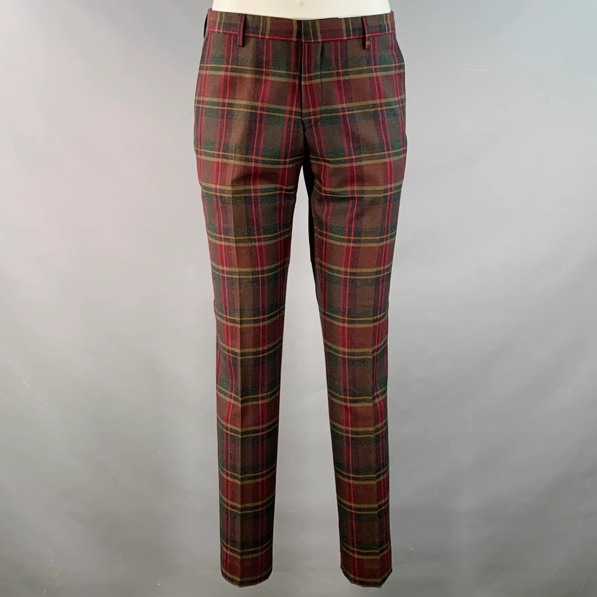 DRIES VAN NOTEN Size 36 Red Green Plaid Wool Notch Lapel Suit - Image 4