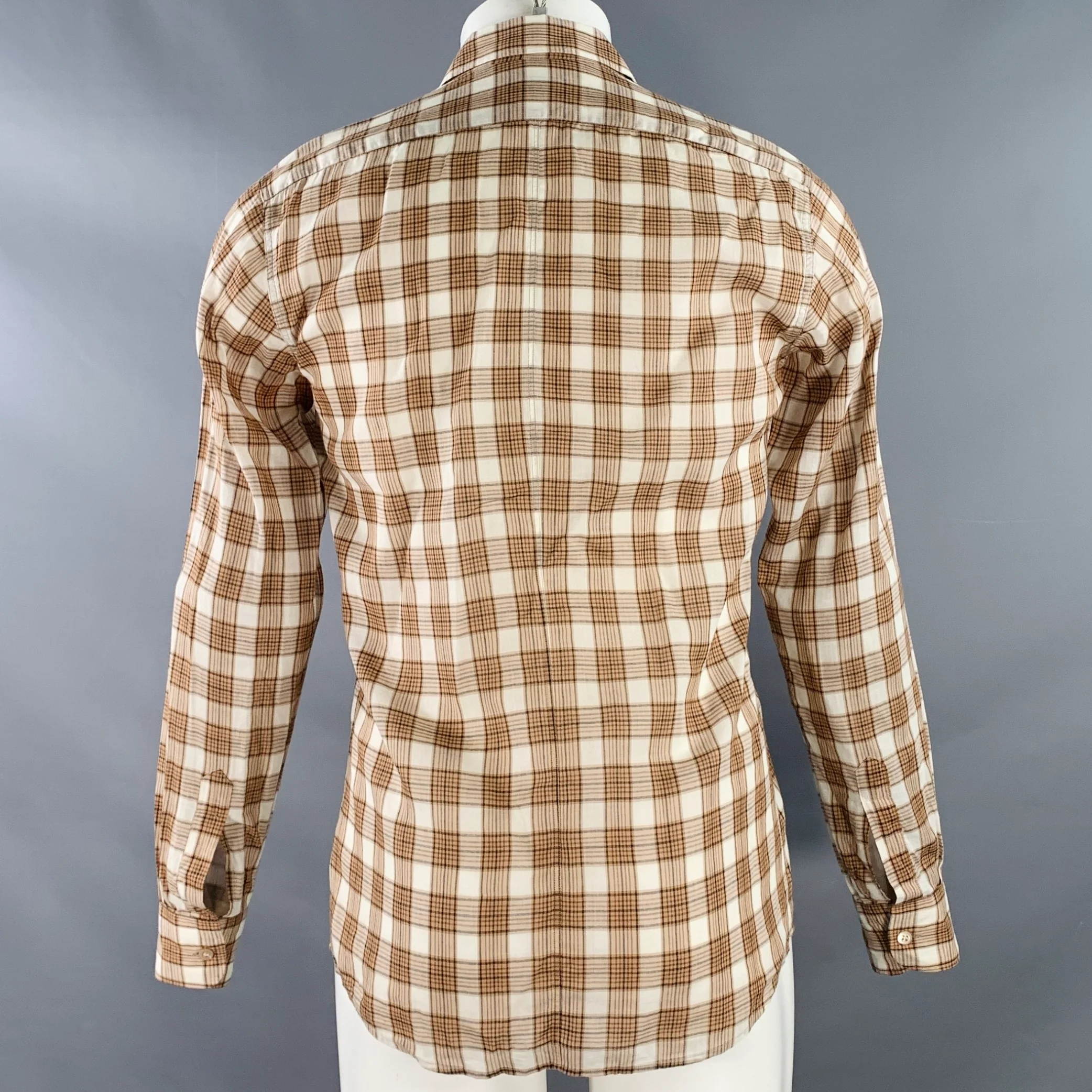 DRIES VAN NOTEN Size 36 Tan Cream Plaid Cotton One Pocket Long Sleeve Shirt - Image 3