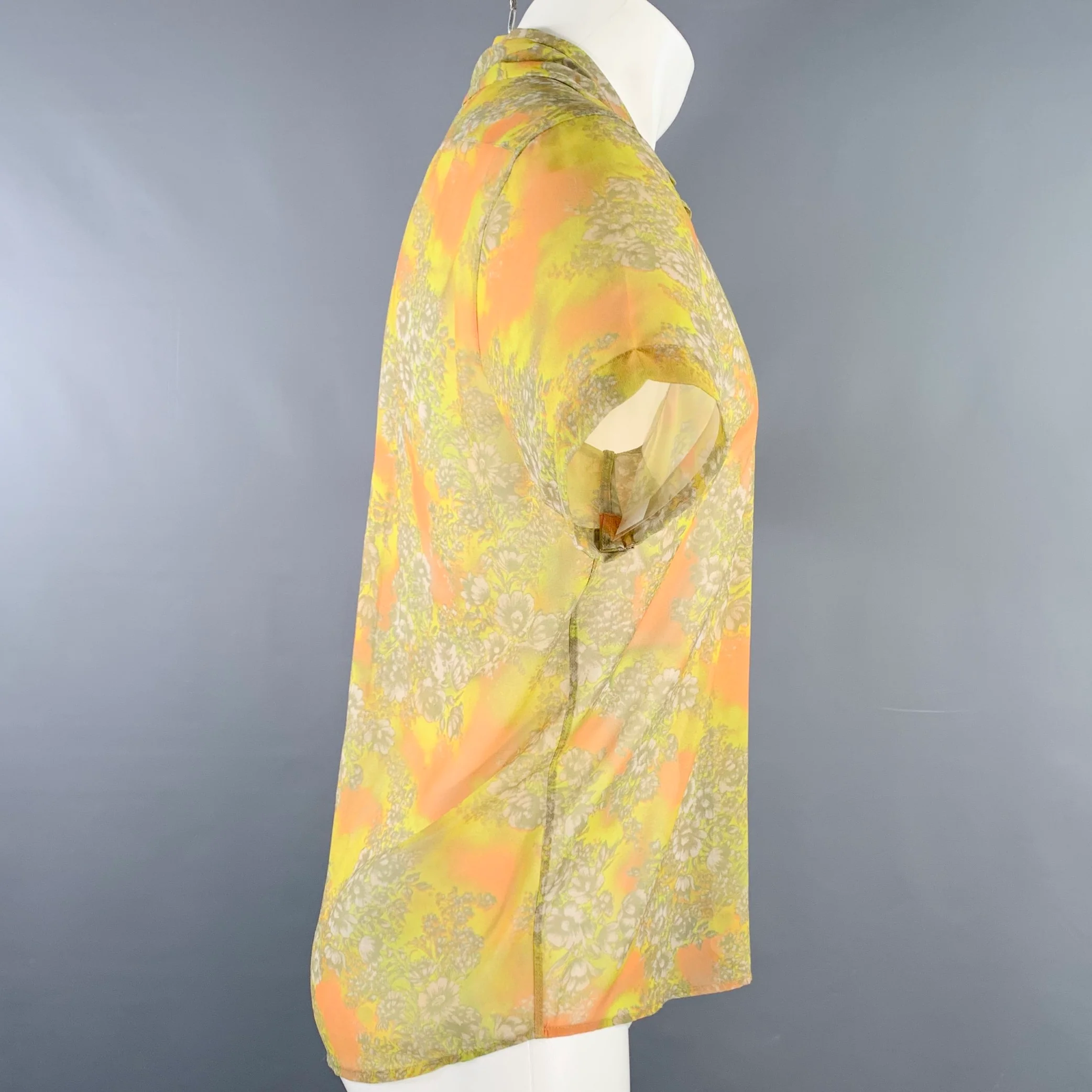DRIES VAN NOTEN Size 38 Yellow Orange Abstract Floral Short Sleeve Shirt - Image 3