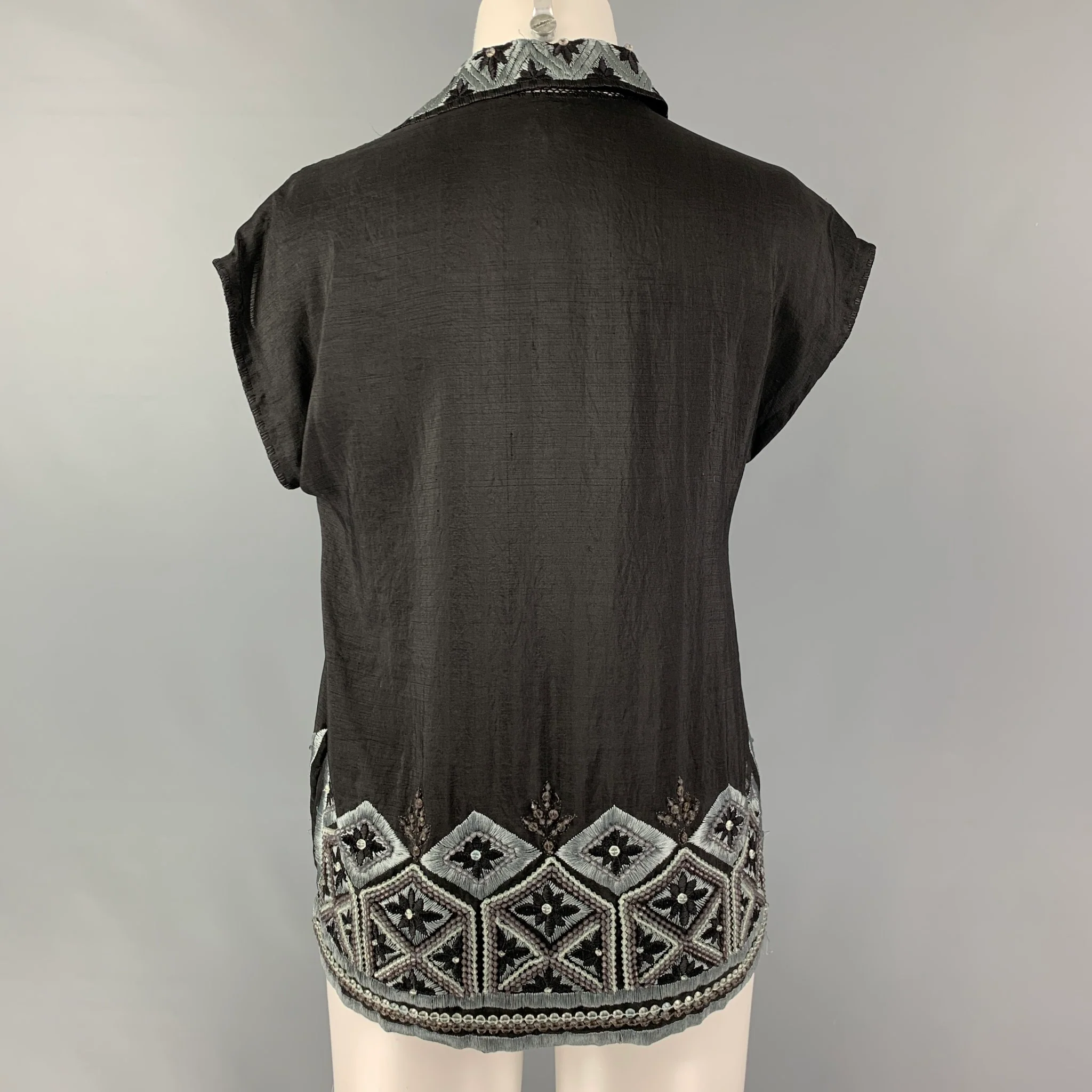 DRIES VAN NOTEN Size 4 Black & Blue Silk Embroidered Sleeveless Dress Top - Image 3