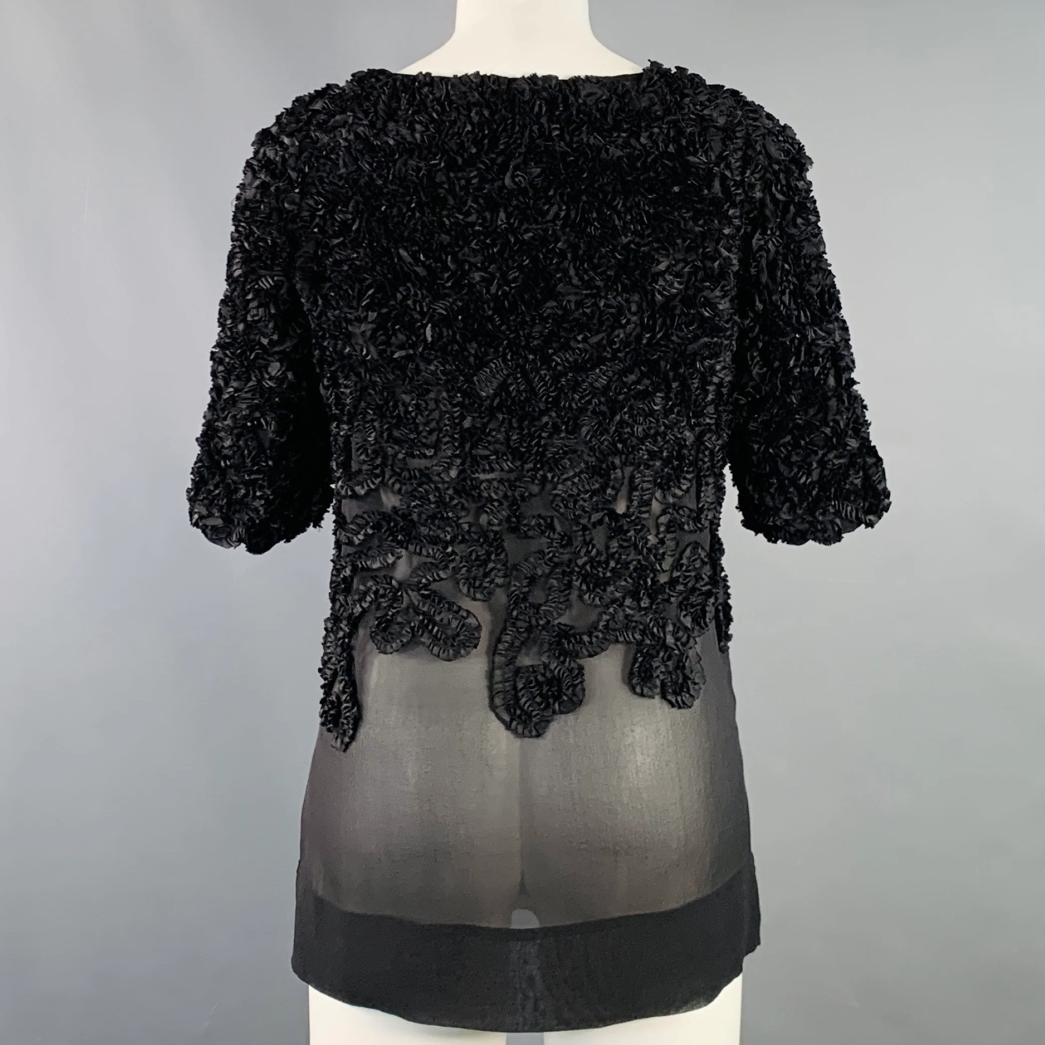 DRIES VAN NOTEN Size 4 Black Silk Ruffled Short Sleeve Dress Top - Image 4