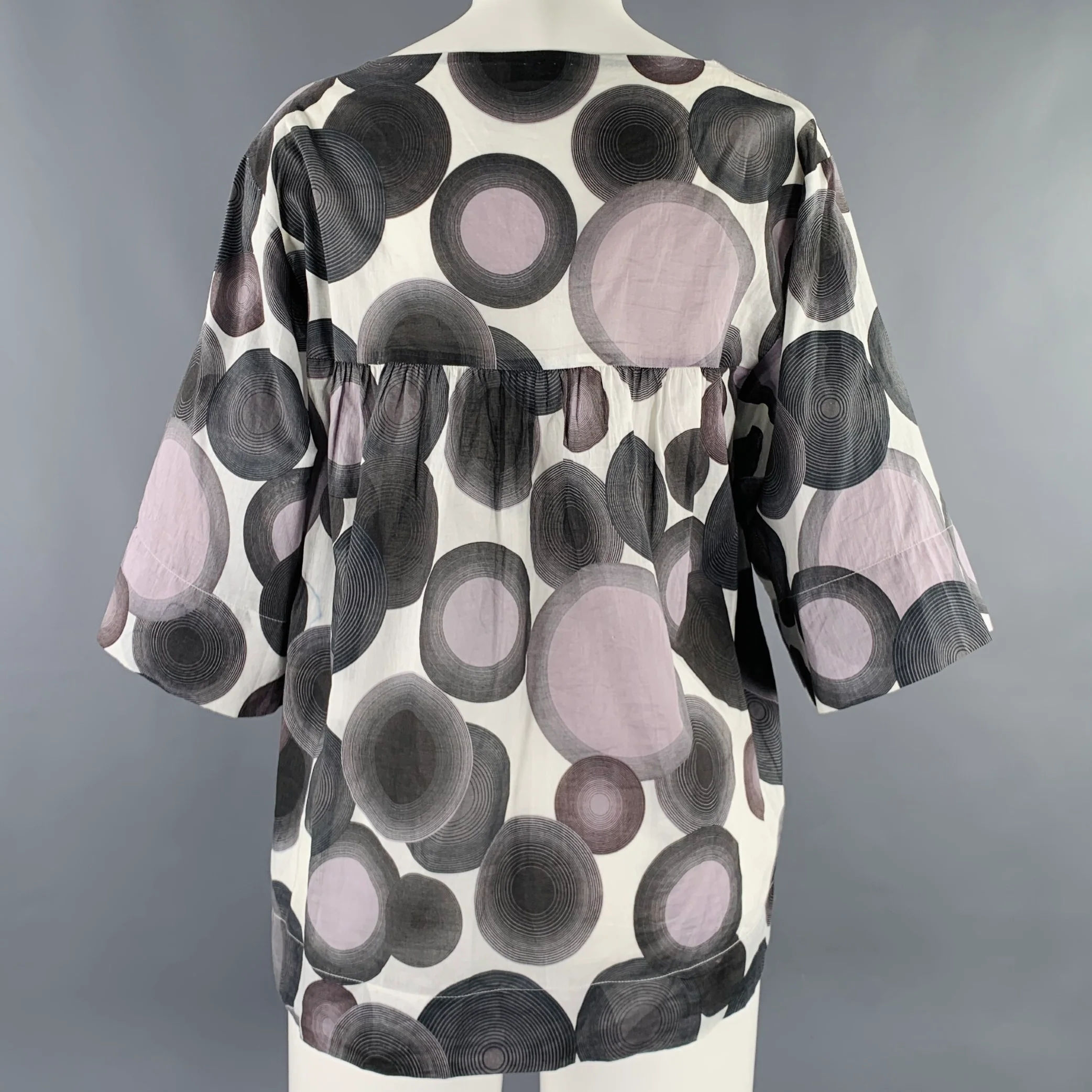 DRIES VAN NOTEN Size 4 Grey White Cotton Circles 3/4 Sleeves Casual Top - Image 3
