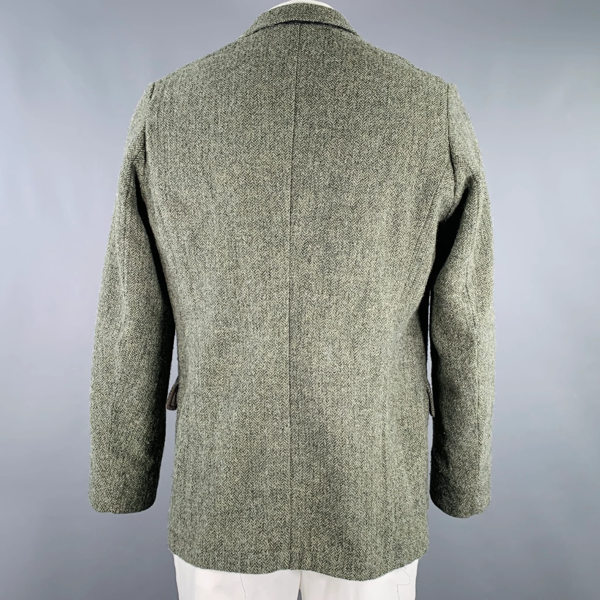 DRIES VAN NOTEN Size 44 Green Herringbone Wool Peak Lapel Sport Coat - Image 3