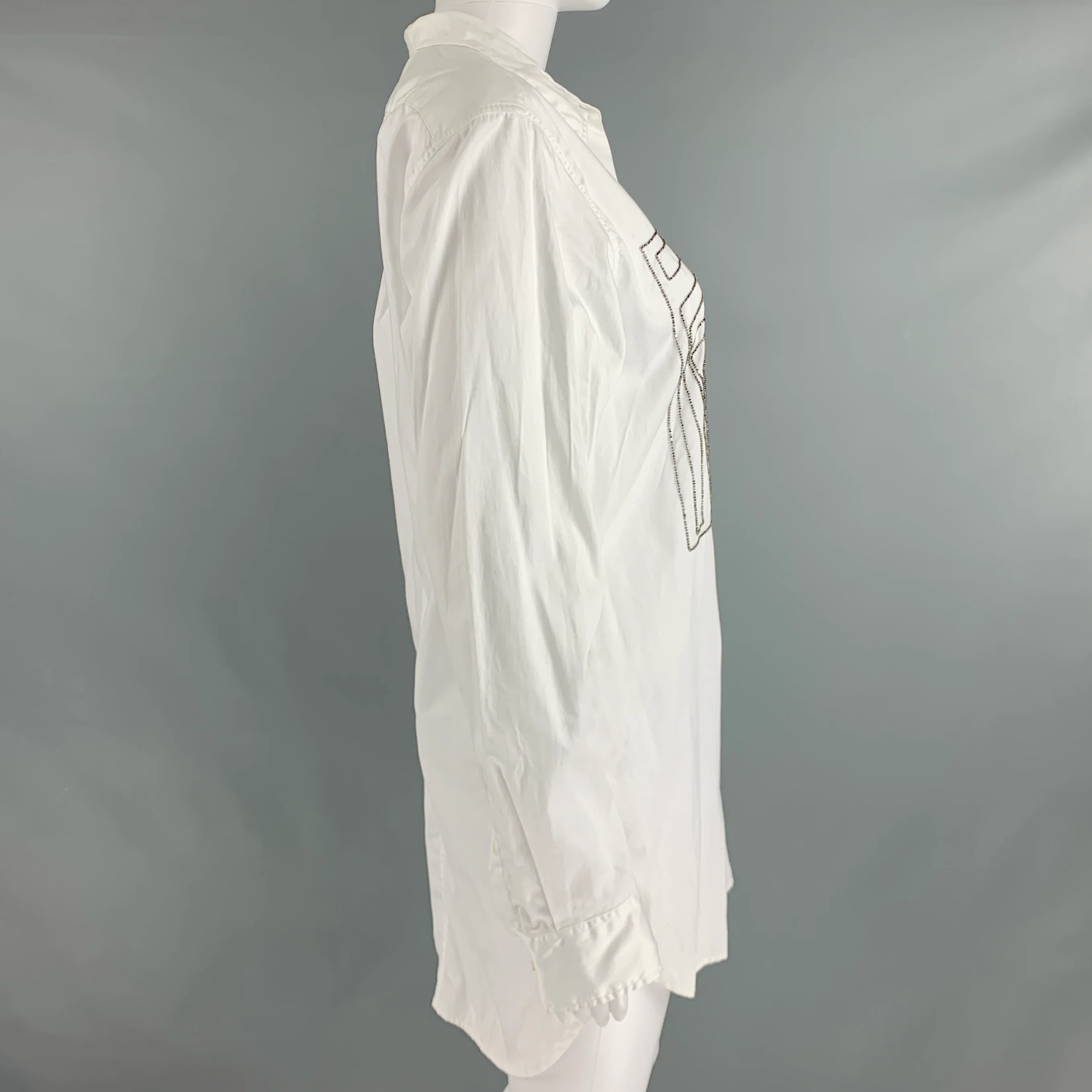 DRIES VAN NOTEN Size 6 White Silver Cotton Blouse Casual Top - Image 3