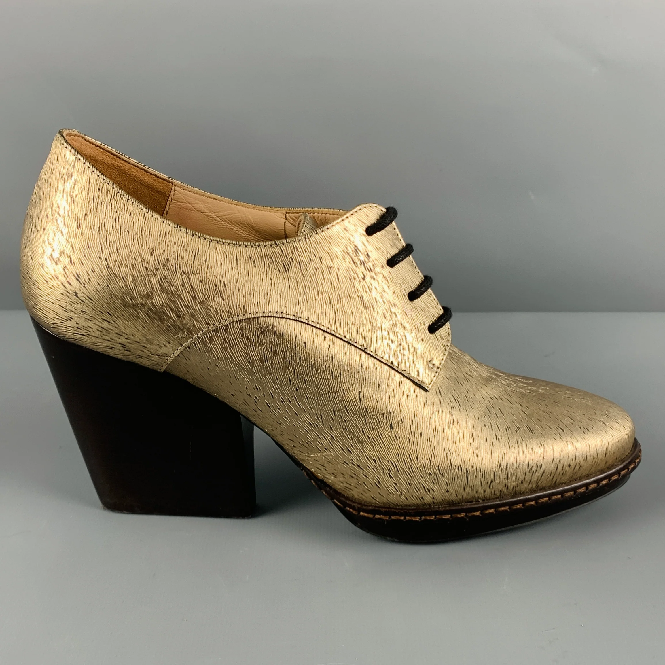 DRIES VAN NOTEN Size 7.5 Gold Brown Fabric Textured Chunky Heel Booties - Image 2