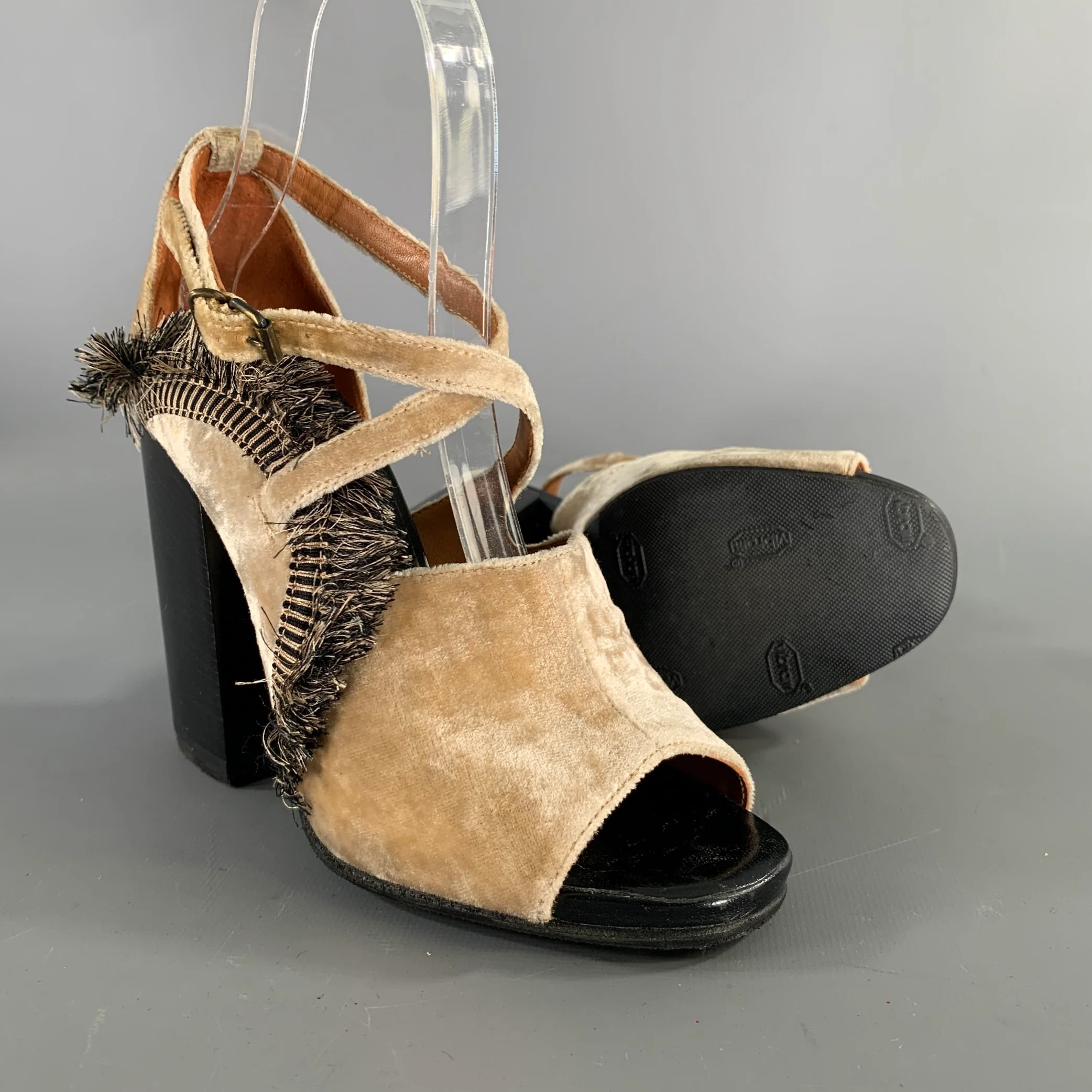 DRIES VAN NOTEN Size 7.5 Tan Black Velvet Fringe Ankle Strap Sandals - Image 5
