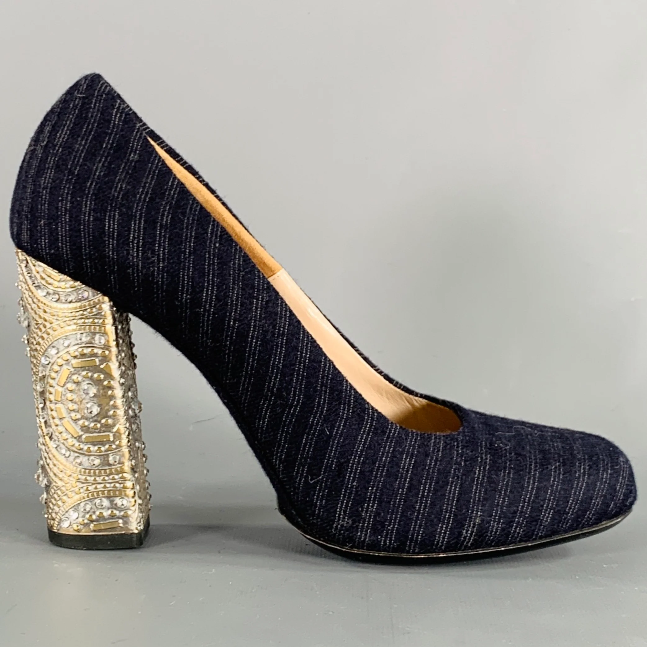 DRIES VAN NOTEN Size 7 Navy Silver Stripe Rhinestone Chunky Heel Pumps - Image 2