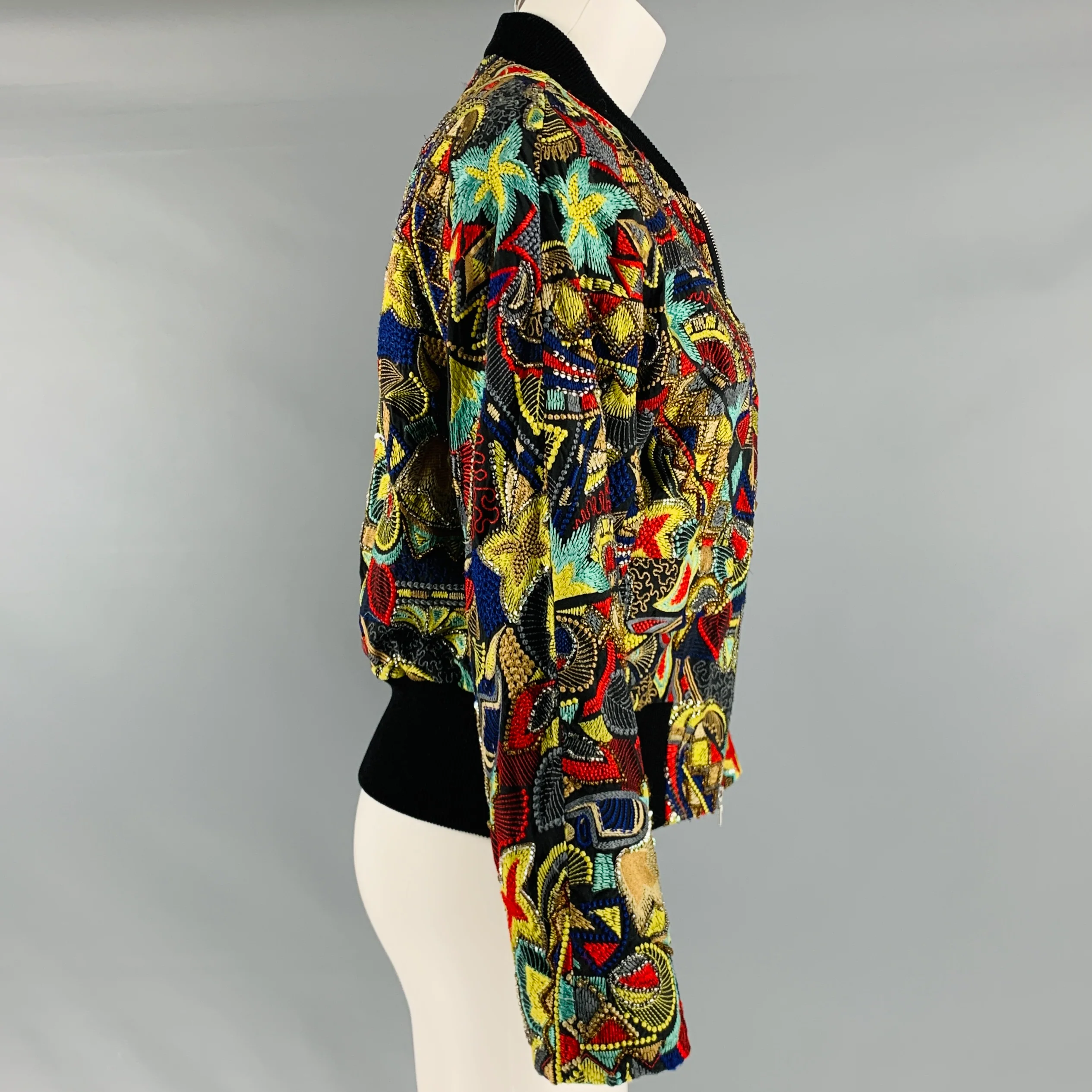 DRIES VAN NOTEN Size 8 Black Multi-Color Cotton Silk Bomber Jacket - Image 3