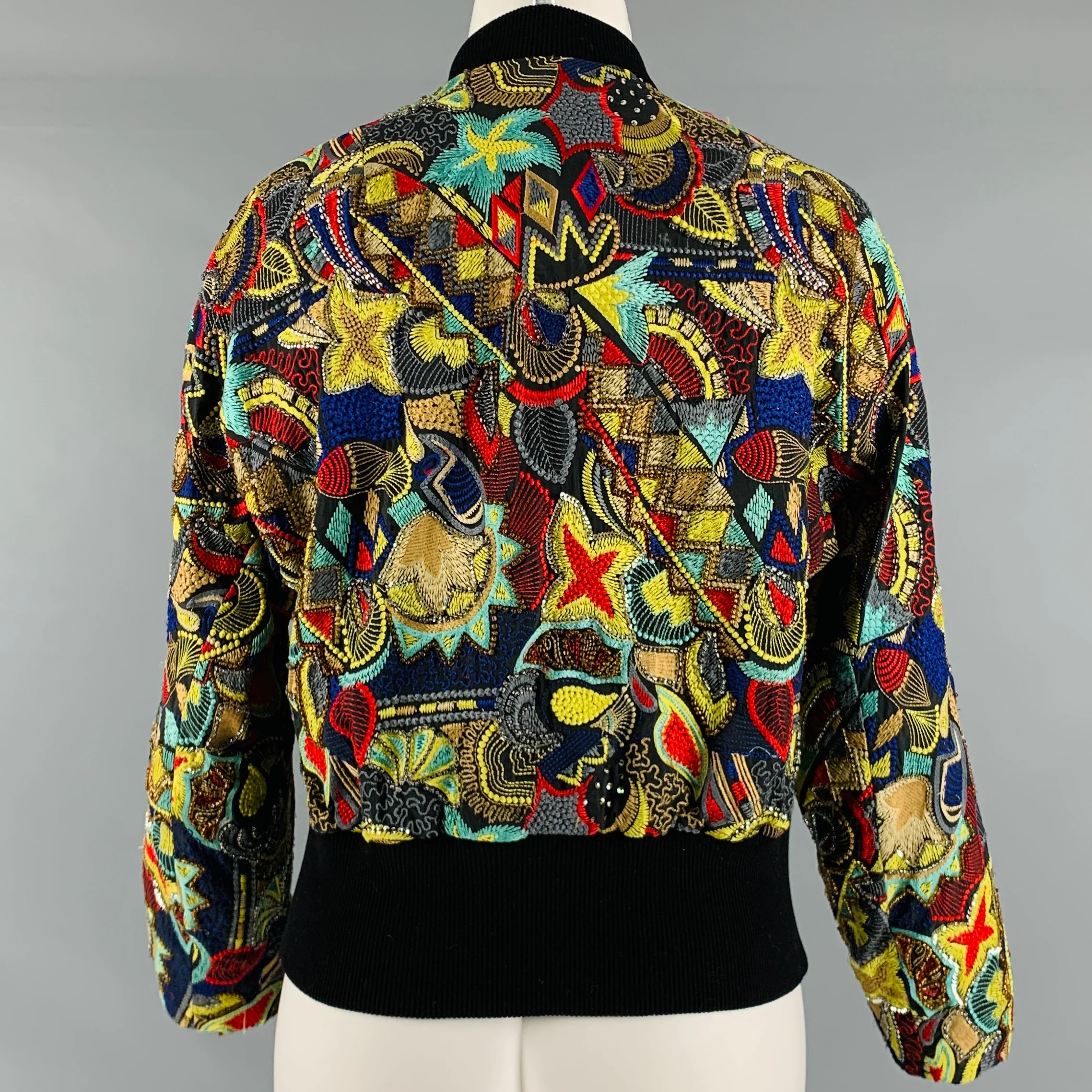 DRIES VAN NOTEN Size 8 Black Multi-Color Cotton Silk Bomber Jacket - Image 4