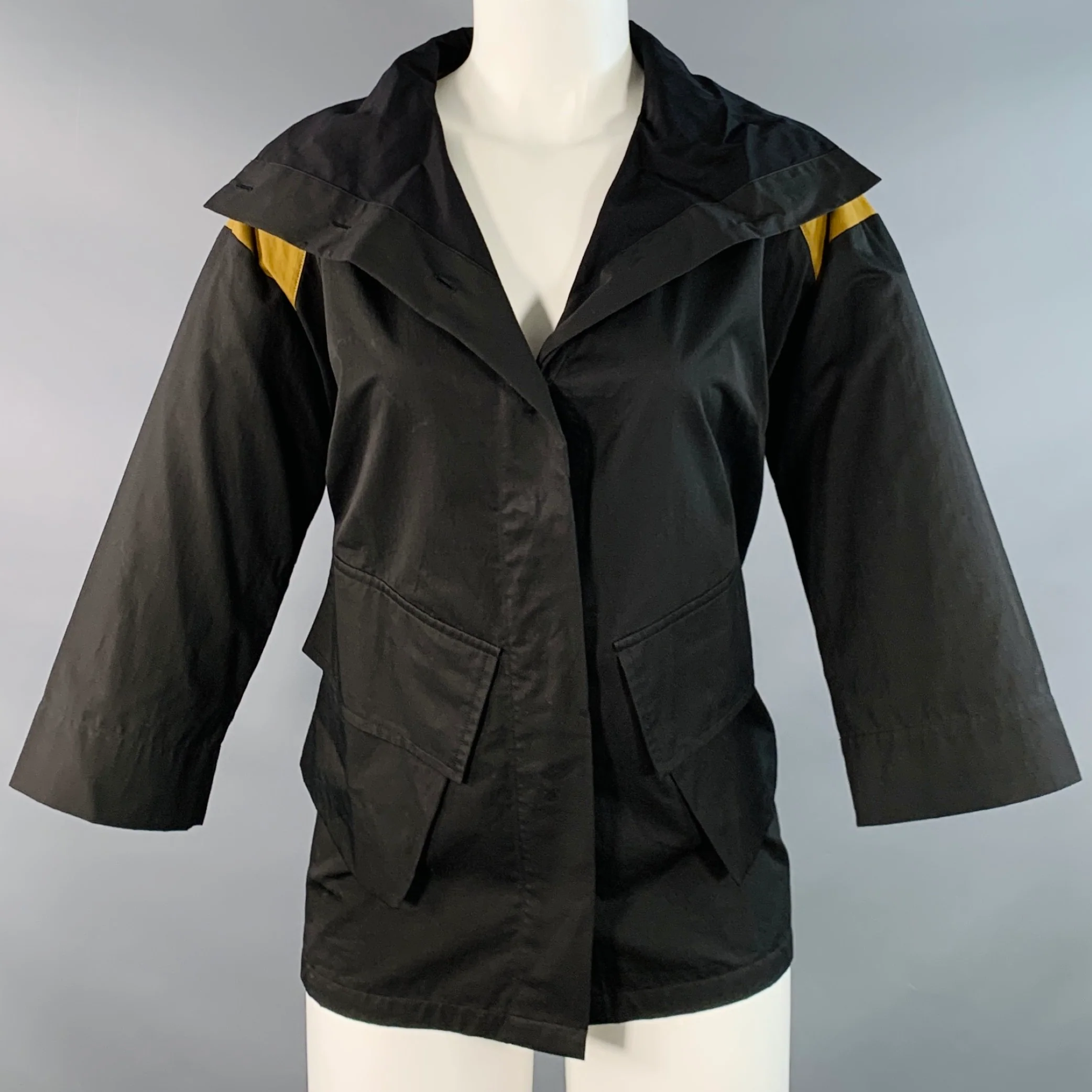 DRIES VAN NOTEN Size 8 Black Olive Cotton Two Tone 3/4 Sleeves Jacket