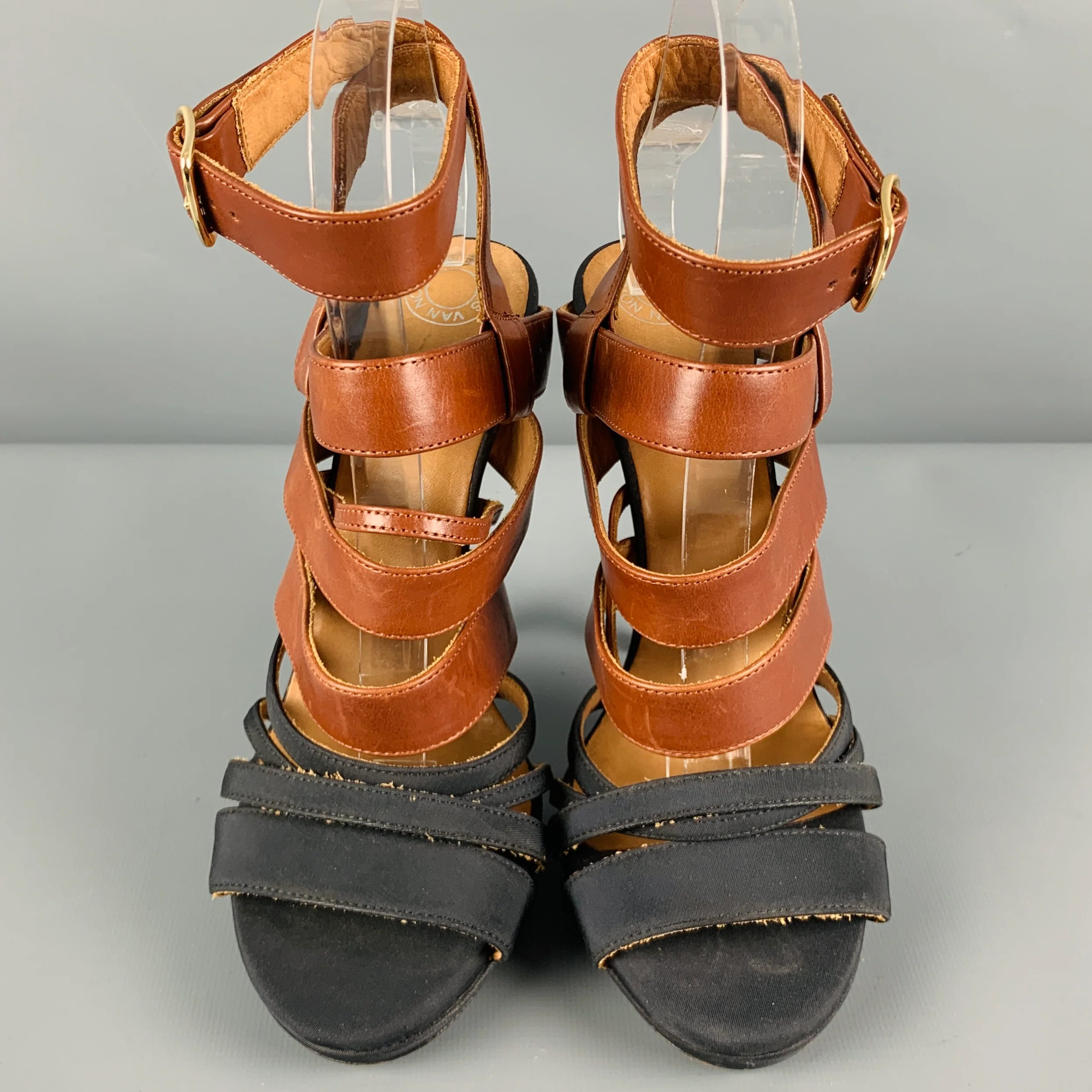DRIES VAN NOTEN Size 8 Brown Black Leather Strappy Sandals - Image 4