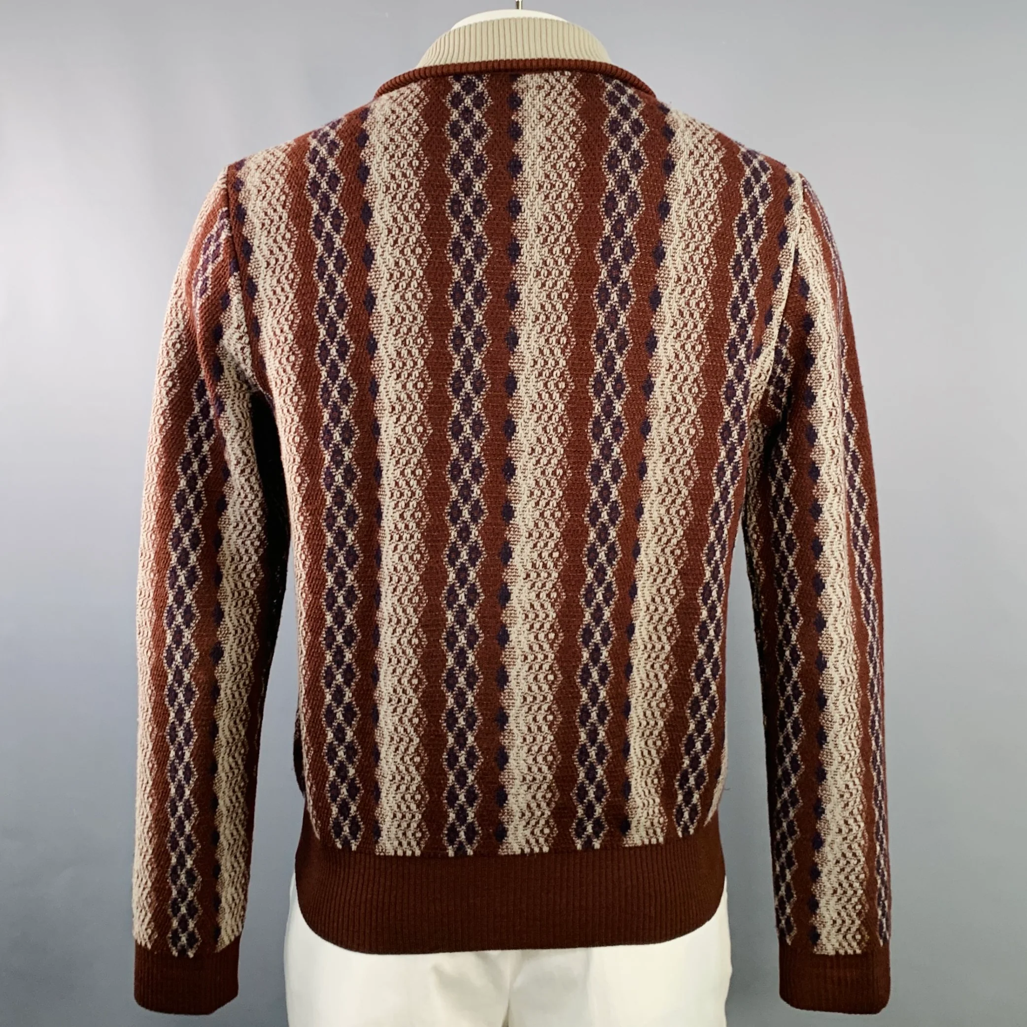 DRIES VAN NOTEN Size L Beige Orange Geometric Wool Zip Up Sweater - Image 4