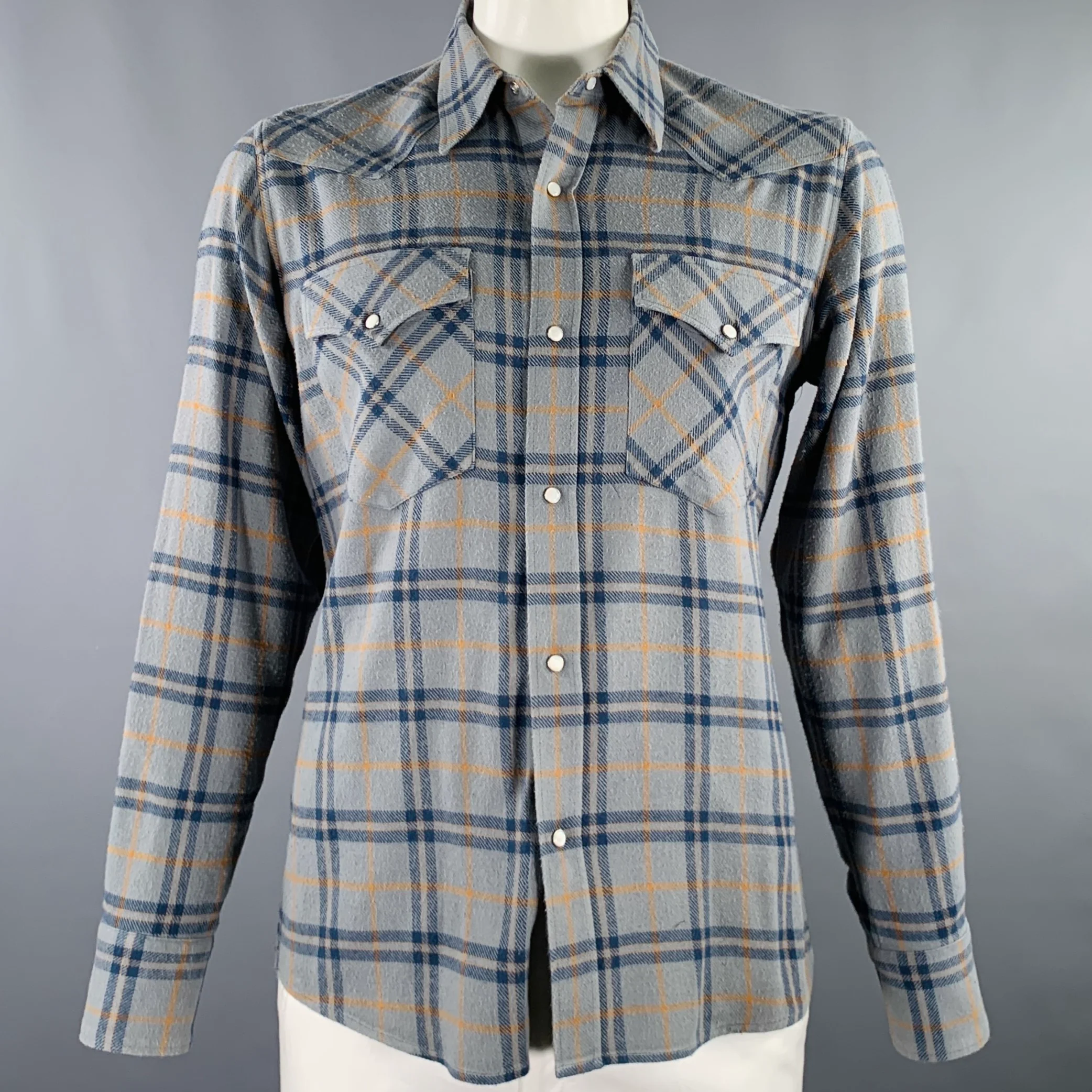 DRIES VAN NOTEN Size L Blue Yellow Plaid Cotton Western Long Sleeve Shirt