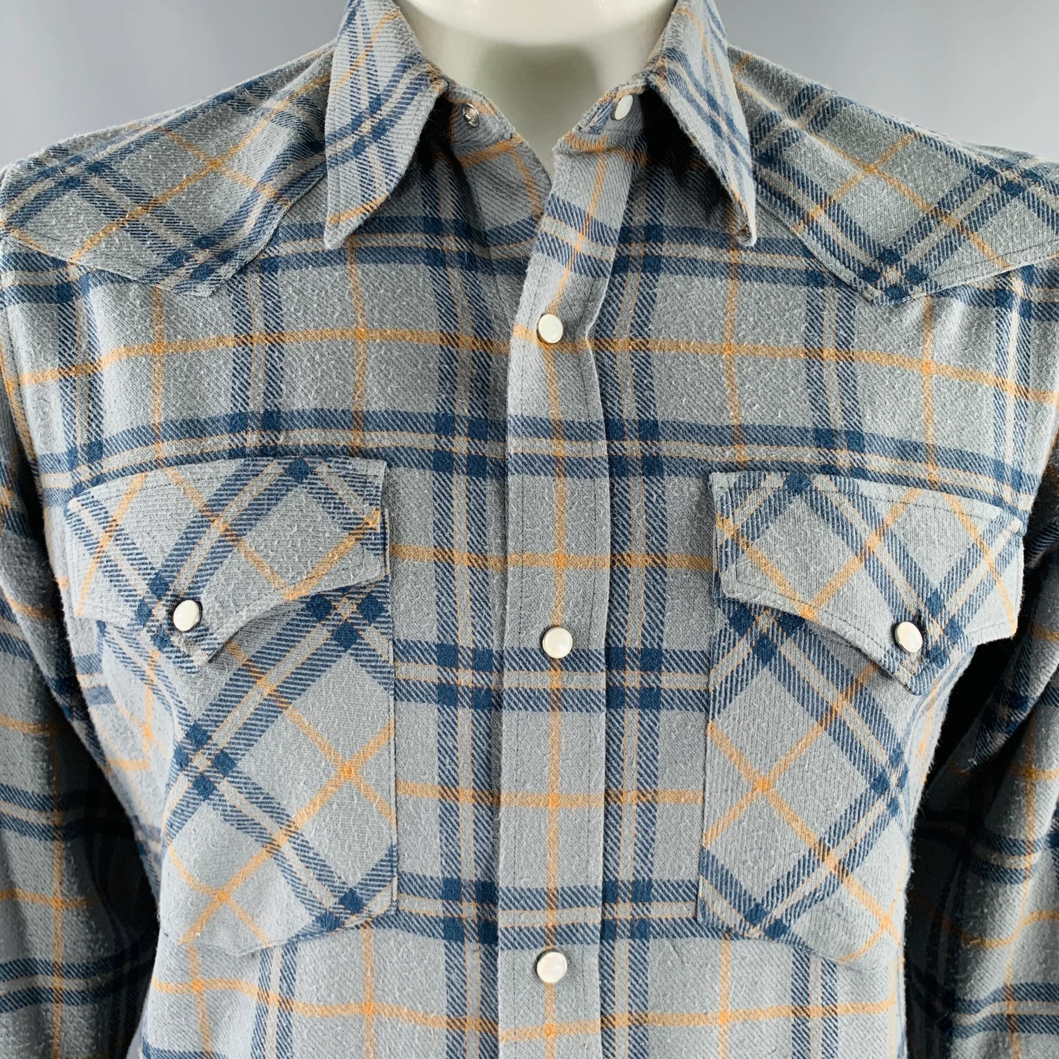 DRIES VAN NOTEN Size L Blue Yellow Plaid Cotton Western Long Sleeve Shirt - Image 2