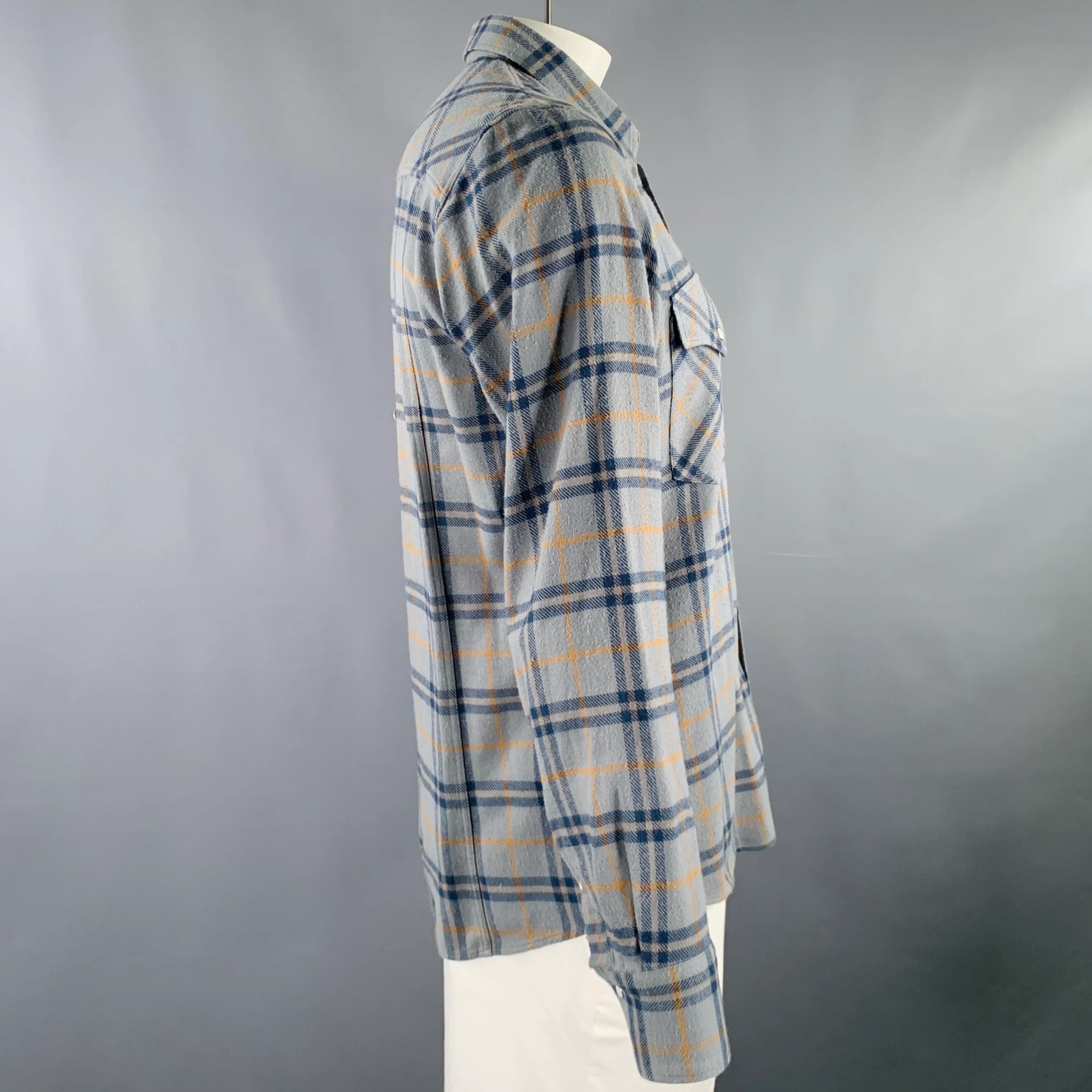 DRIES VAN NOTEN Size L Blue Yellow Plaid Cotton Western Long Sleeve Shirt - Image 3