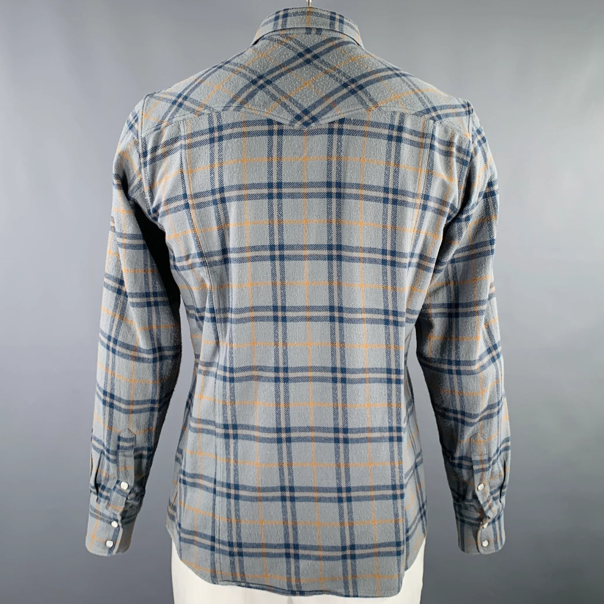 DRIES VAN NOTEN Size L Blue Yellow Plaid Cotton Western Long Sleeve Shirt - Image 4