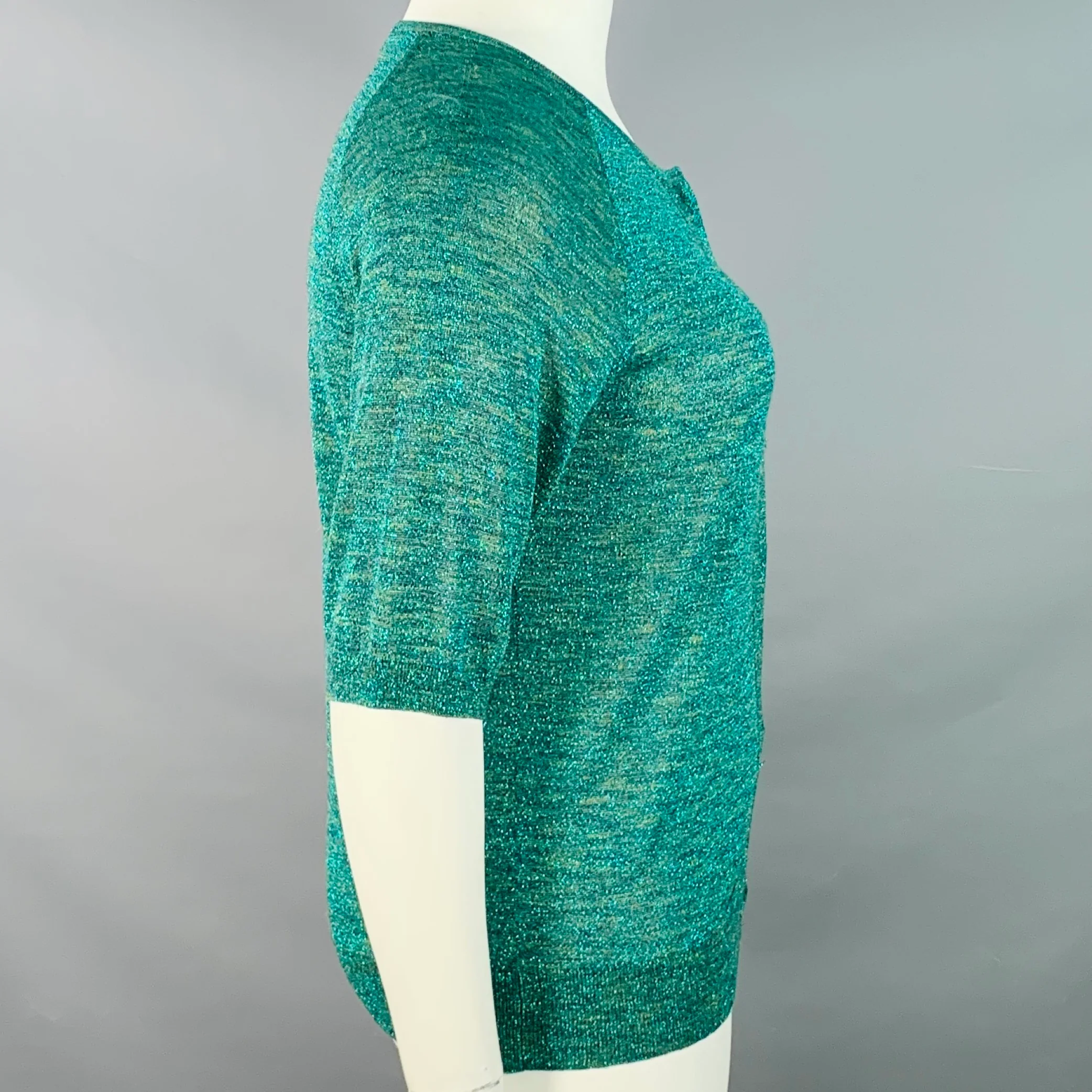 DRIES VAN NOTEN Size L Metallic Green Blue Rayon Blend 3/4 Sleeves Cardigan - Image 2
