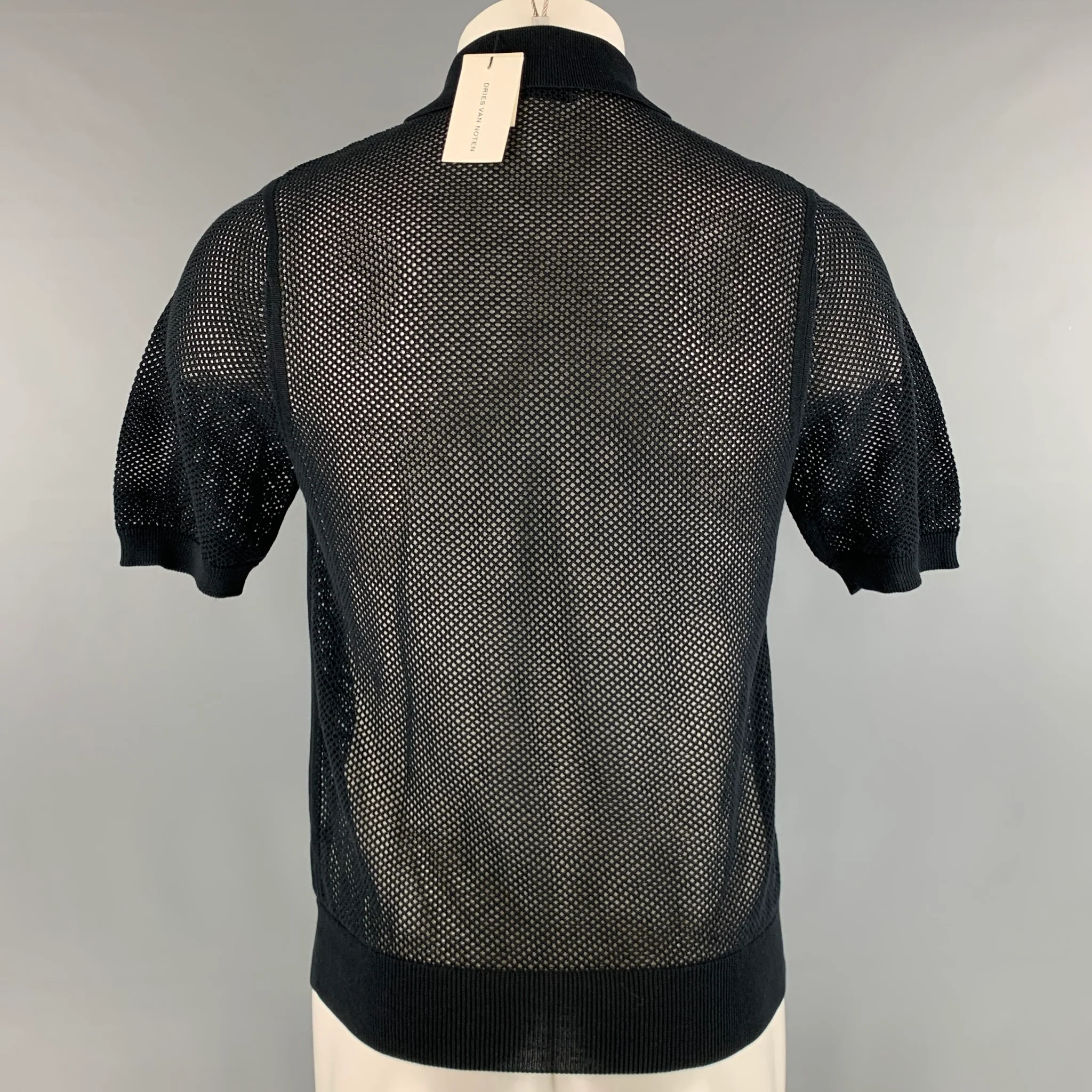 DRIES VAN NOTEN Size M Black Mesh Cotton Buttoned Polo - Image 4