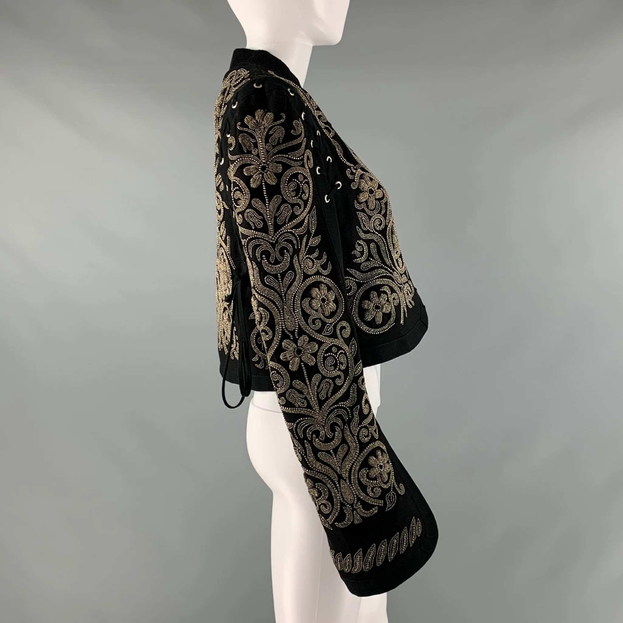 DRIES VAN NOTEN Size M Black Silver Wool Beaded Cropped Jacket - Image 3