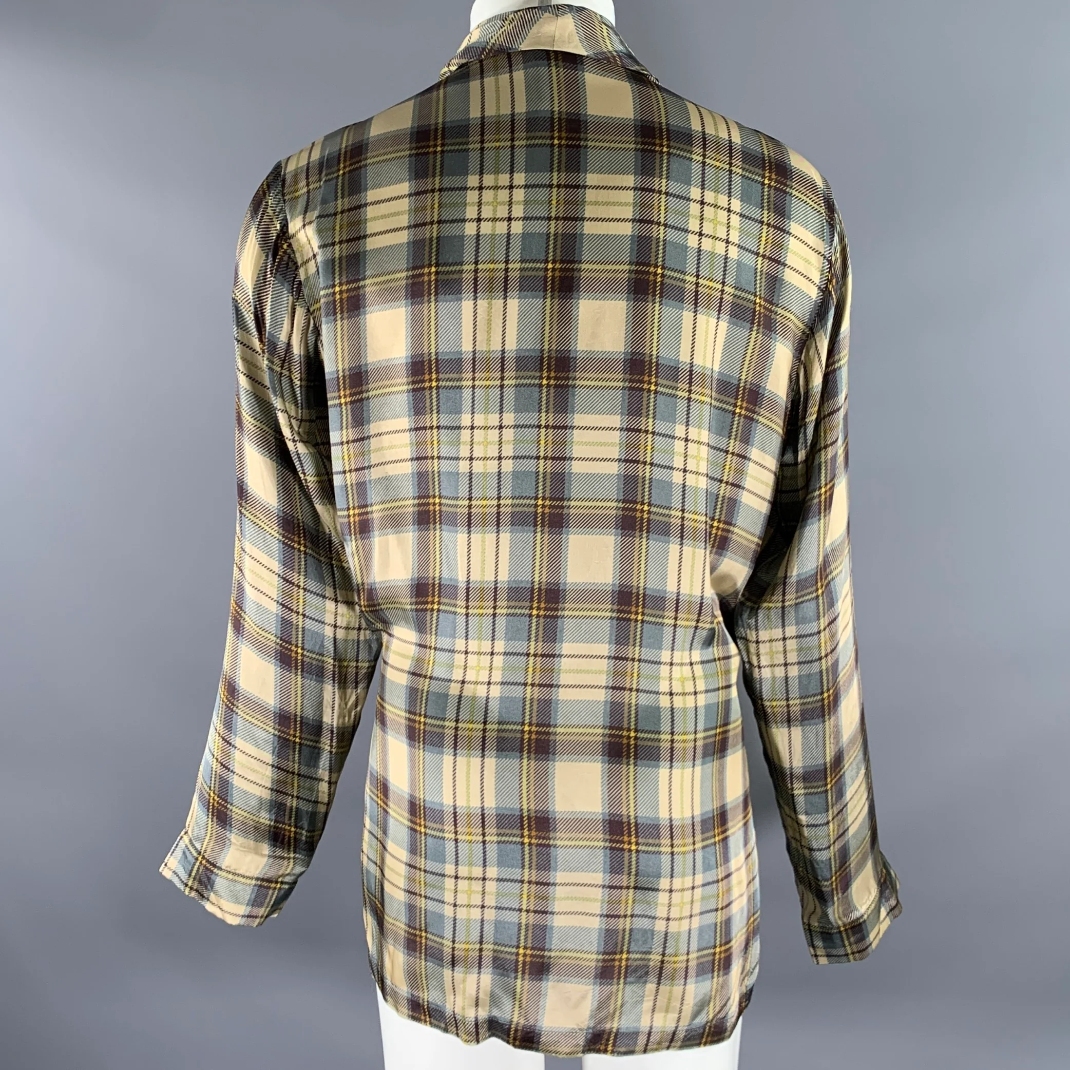 DRIES VAN NOTEN Size M Brown Blue Plaid Viscose Shawl Collar Robe - Image 4