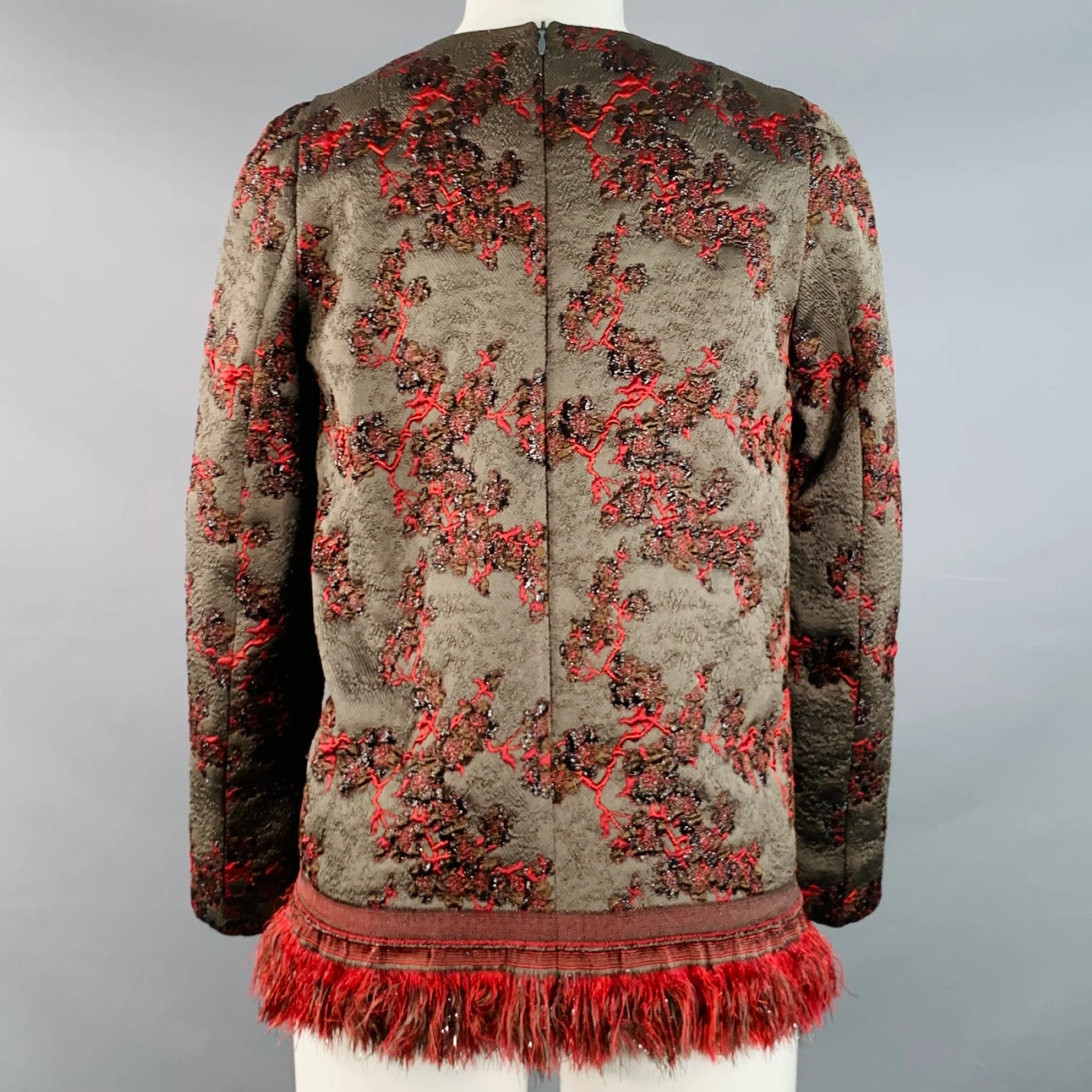 DRIES VAN NOTEN Size M Brown Red Jacquard Brocade Fringed Dress Top - Image 5