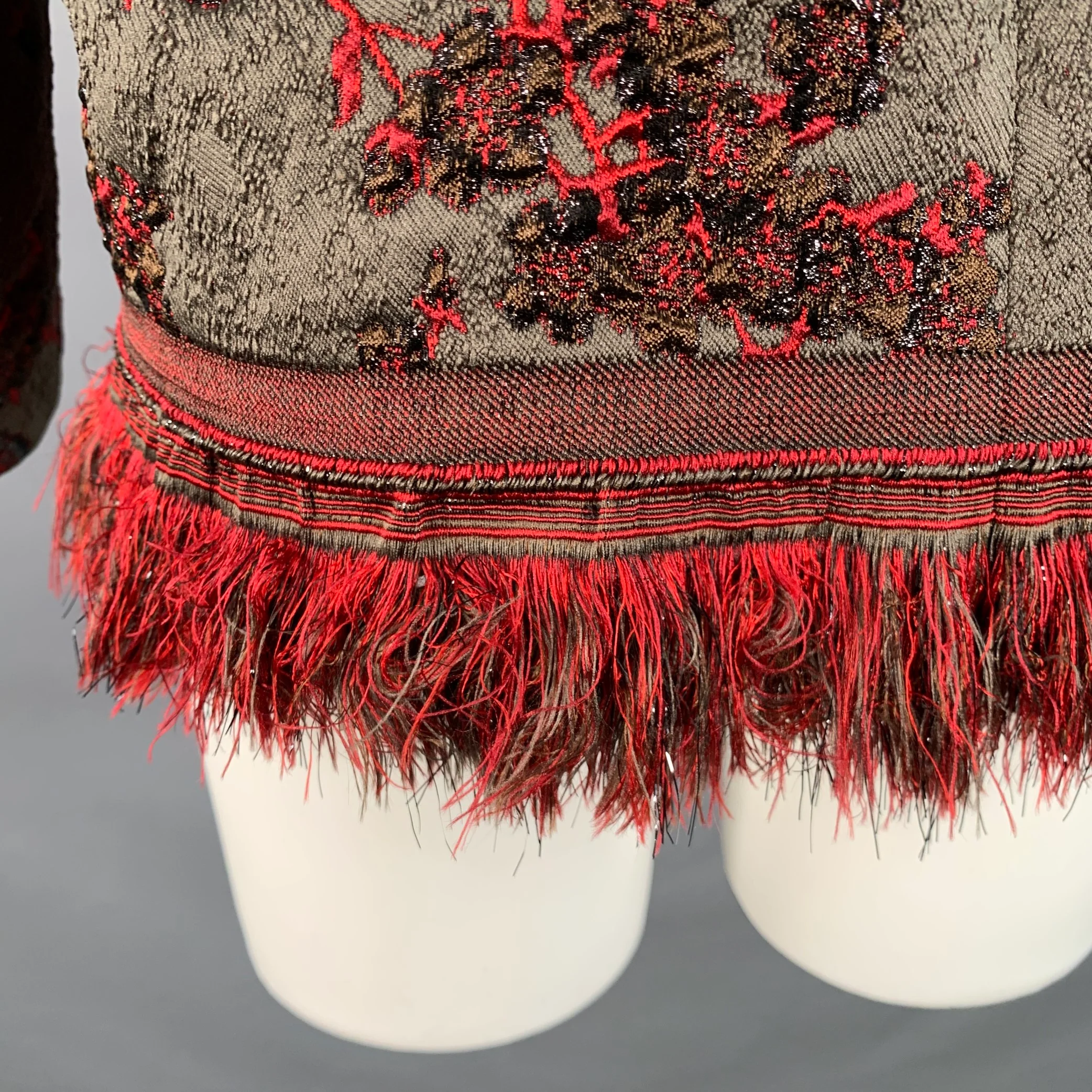 DRIES VAN NOTEN Size M Brown Red Jacquard Brocade Fringed Dress Top - Image 6