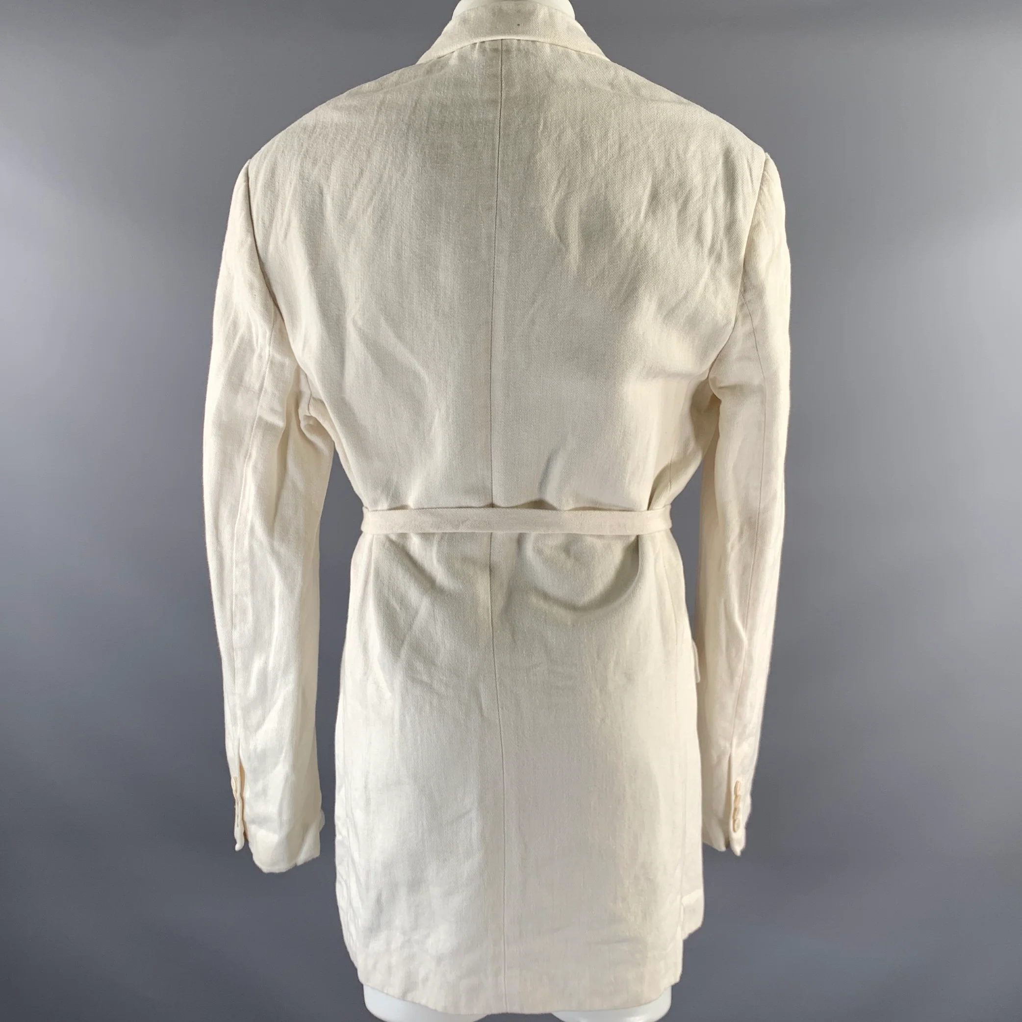 DRIES VAN NOTEN Size M Ivory Twill Linen Cotton Belted Double Breasted Blazer - Image 4