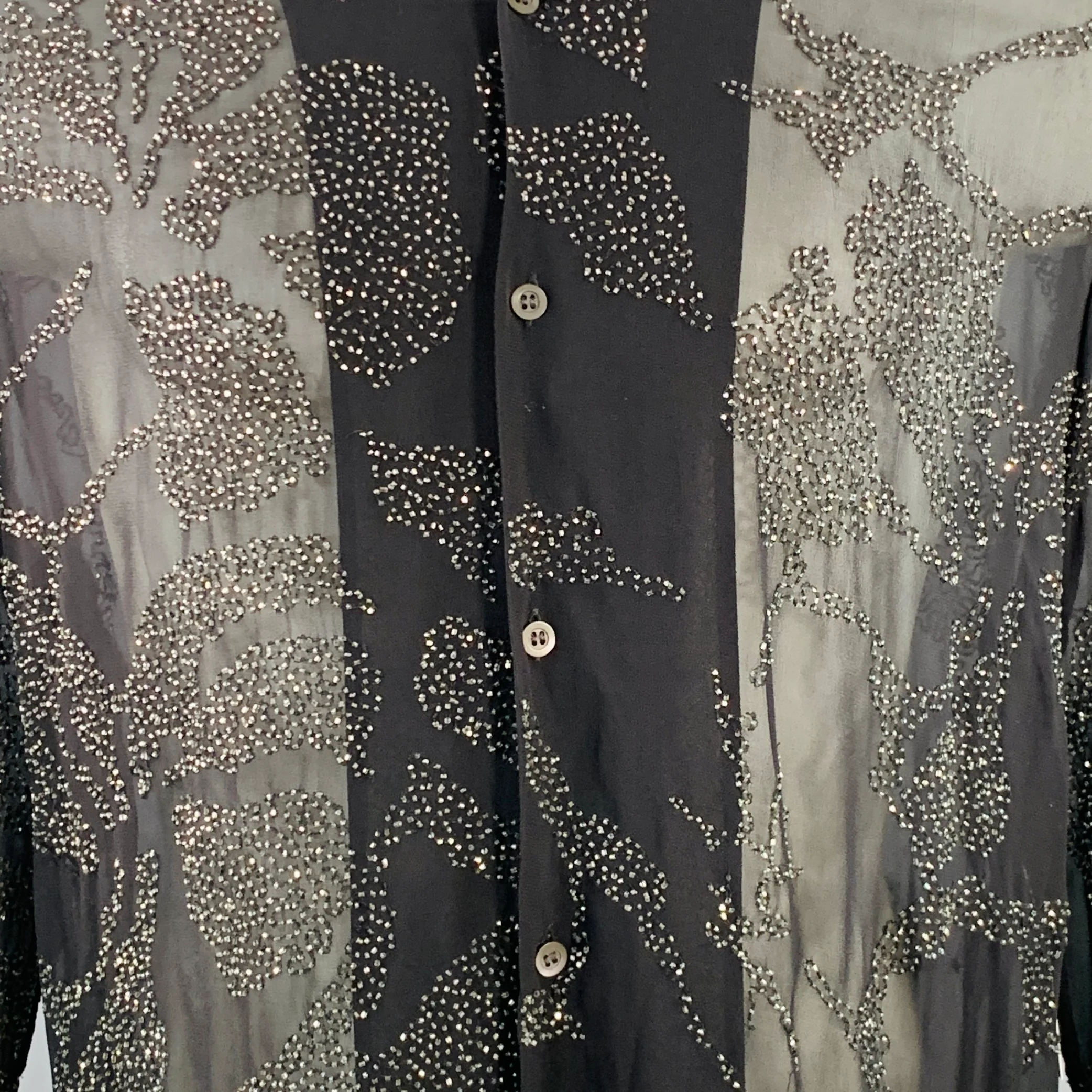 DRIES VAN NOTEN Size S Black Sheer Beaded Hibiscus Floral Viscose Long Sleeve Shirt - Image 2