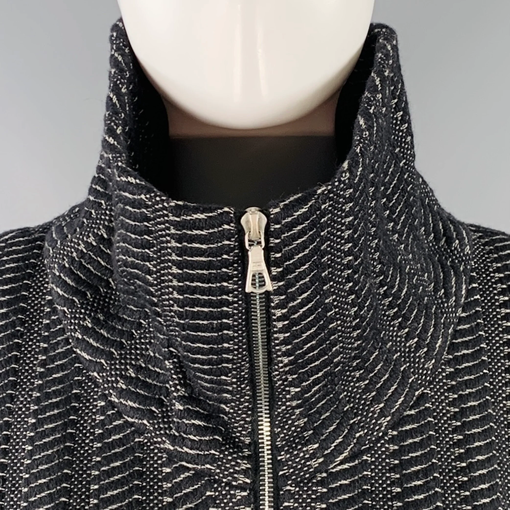 DRIES VAN NOTEN Size S Black White Wool Blend Stripe Zip Up Jacket - Image 2