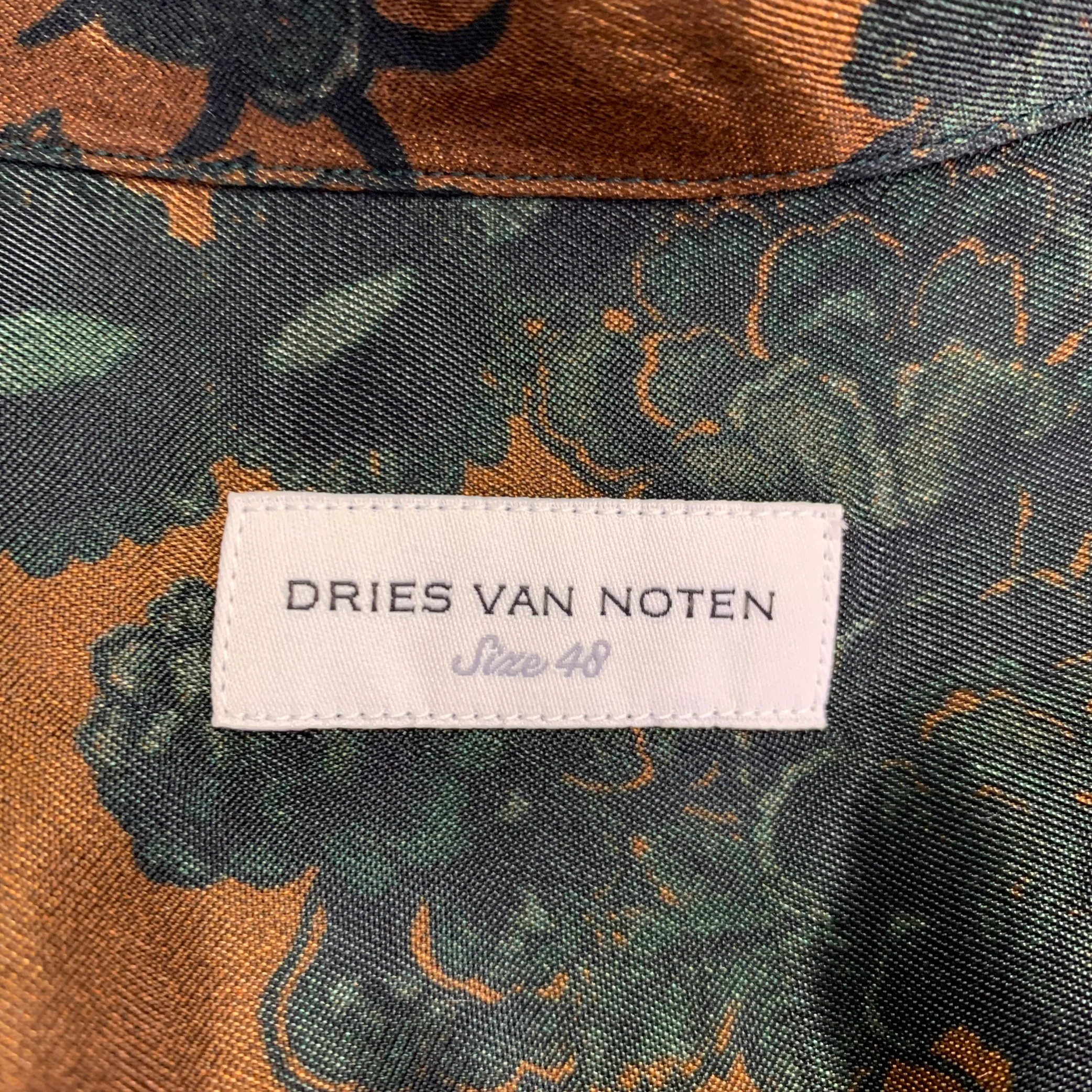 DRIES VAN NOTEN Size S Navy Tan Floral Camp Short Sleeve Shirt - Image 4