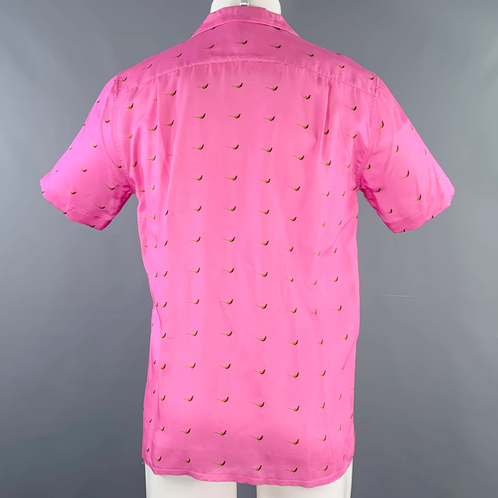 DRIES VAN NOTEN Size S Pink Green Black Birds Short Sleeve Shirt - Image 4