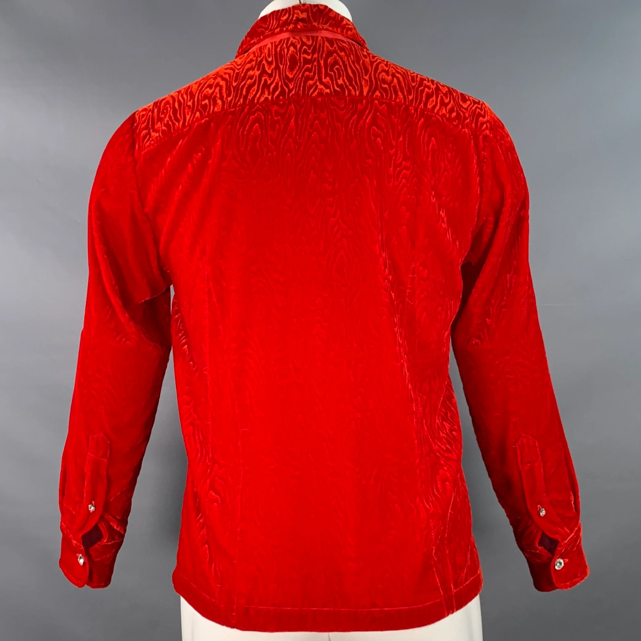 DRIES VAN NOTEN Size S Red Faux Bois Velvet Zip Up Long Sleeve Shirt - Image 4