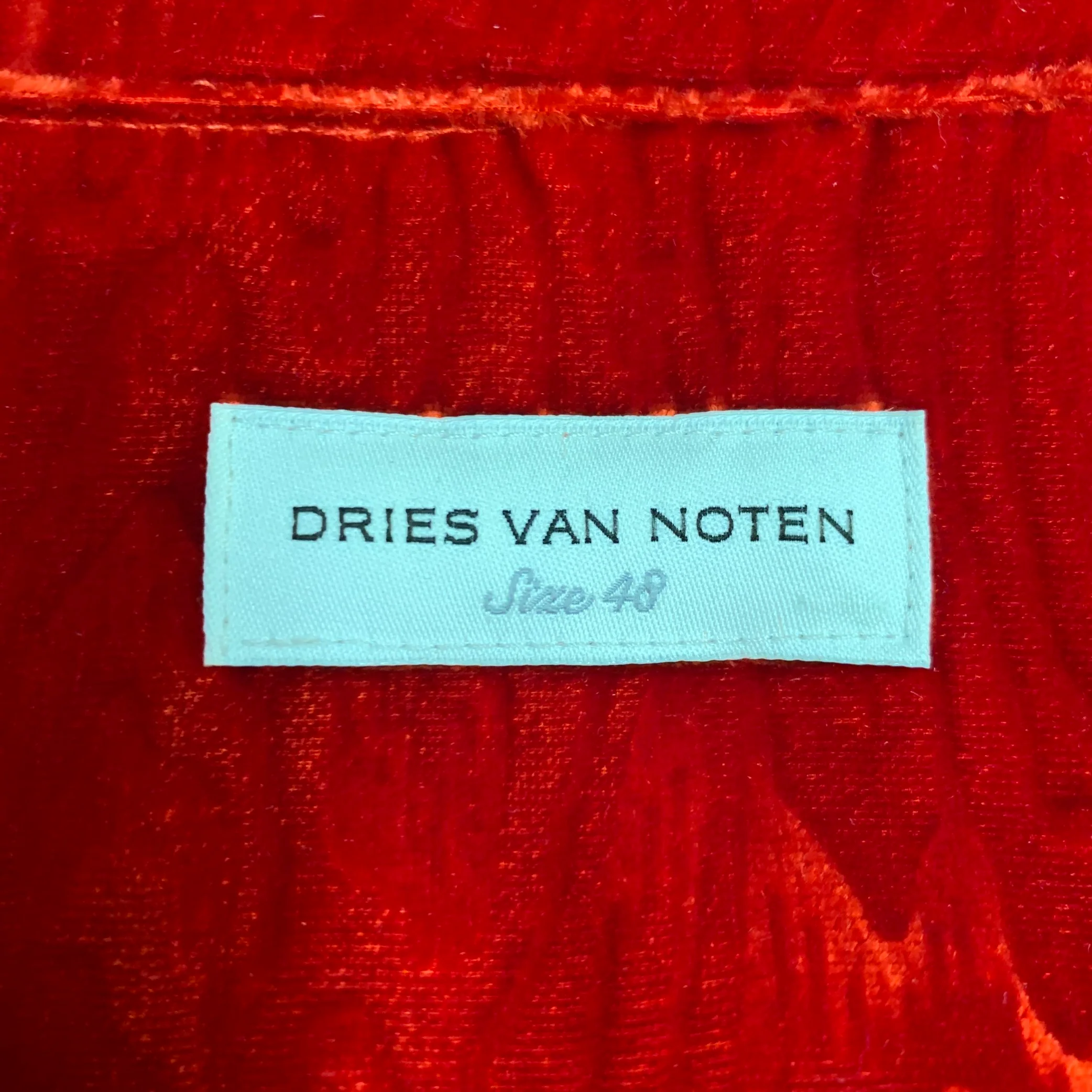 DRIES VAN NOTEN Size S Red Faux Bois Velvet Zip Up Long Sleeve Shirt - Image 7