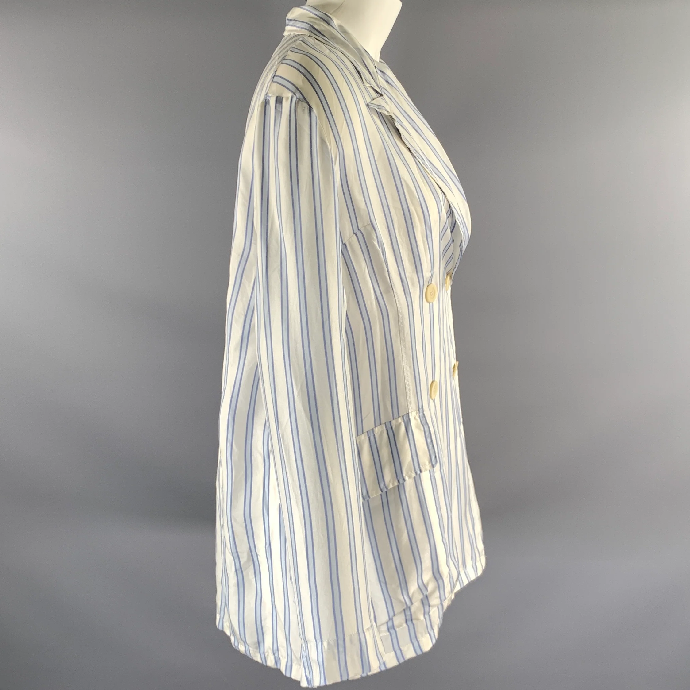 DRIES VAN NOTEN Size S White Light Blue Silk Stripe Peak Lapel Blazer - Image 3