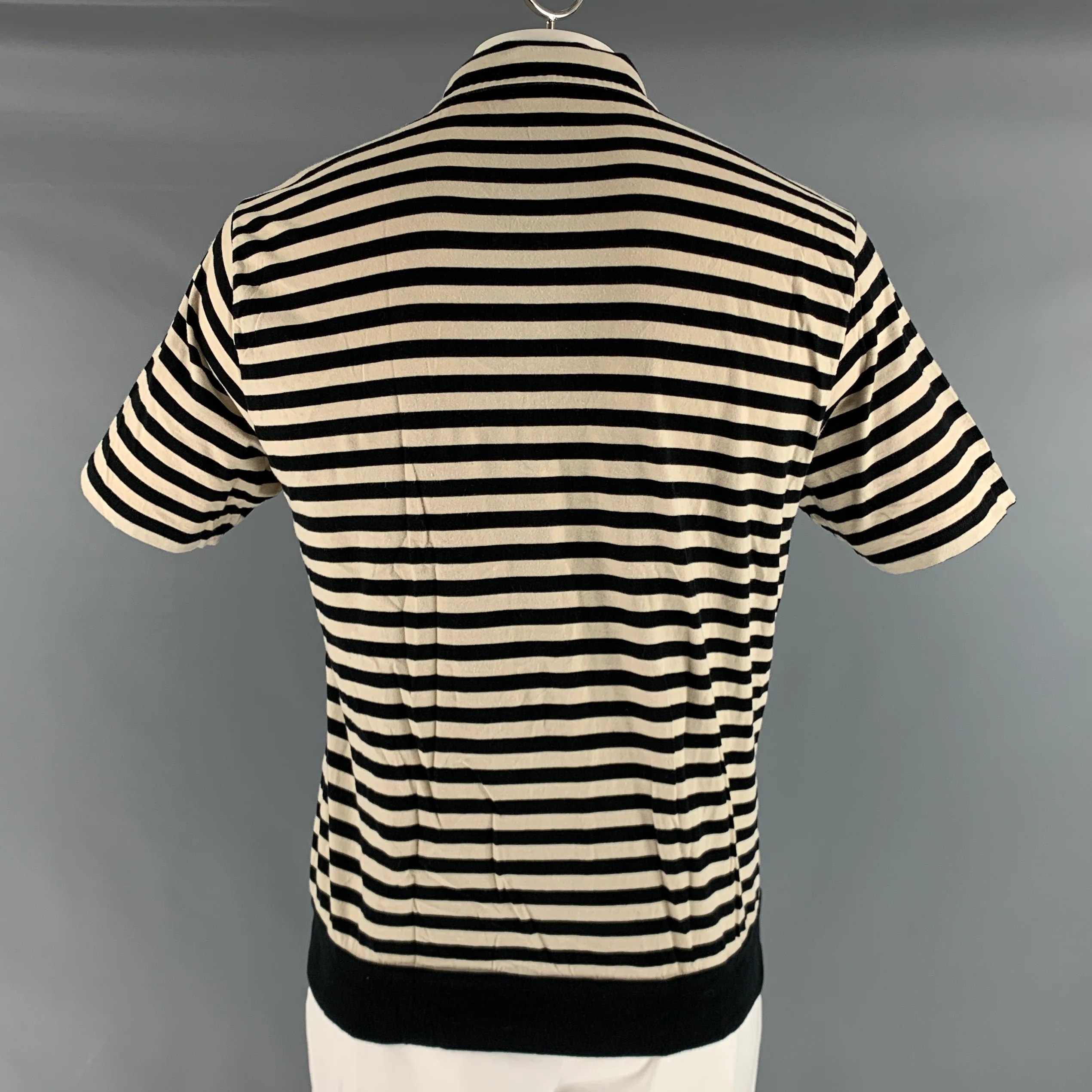 DRIES VAN NOTEN Size XL Black Cream Stripe Cotton Short Sleeve Polo - Image 3