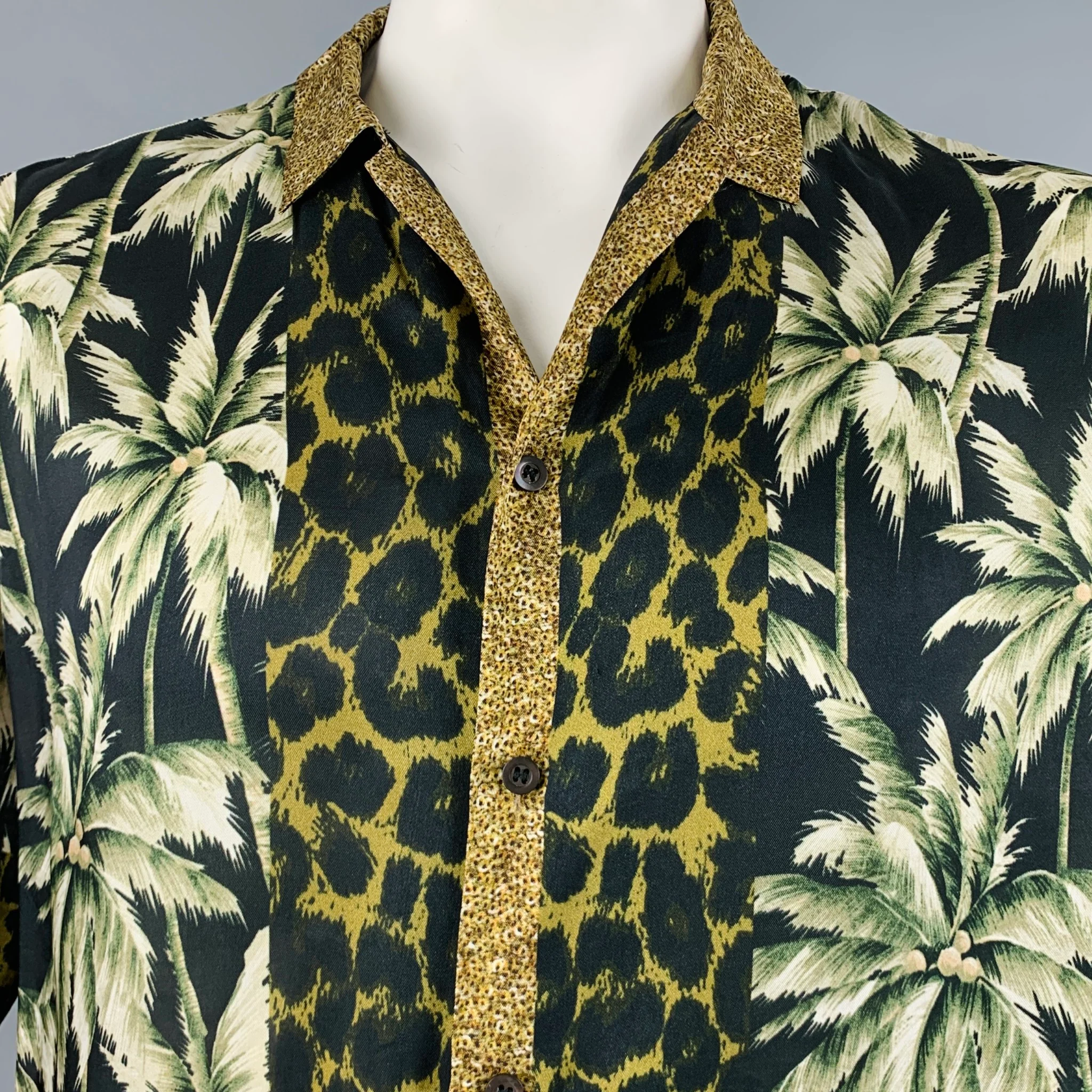 DRIES VAN NOTEN Size XL Black Green Print Viscose Camp Short Sleeve Shirt - Image 2