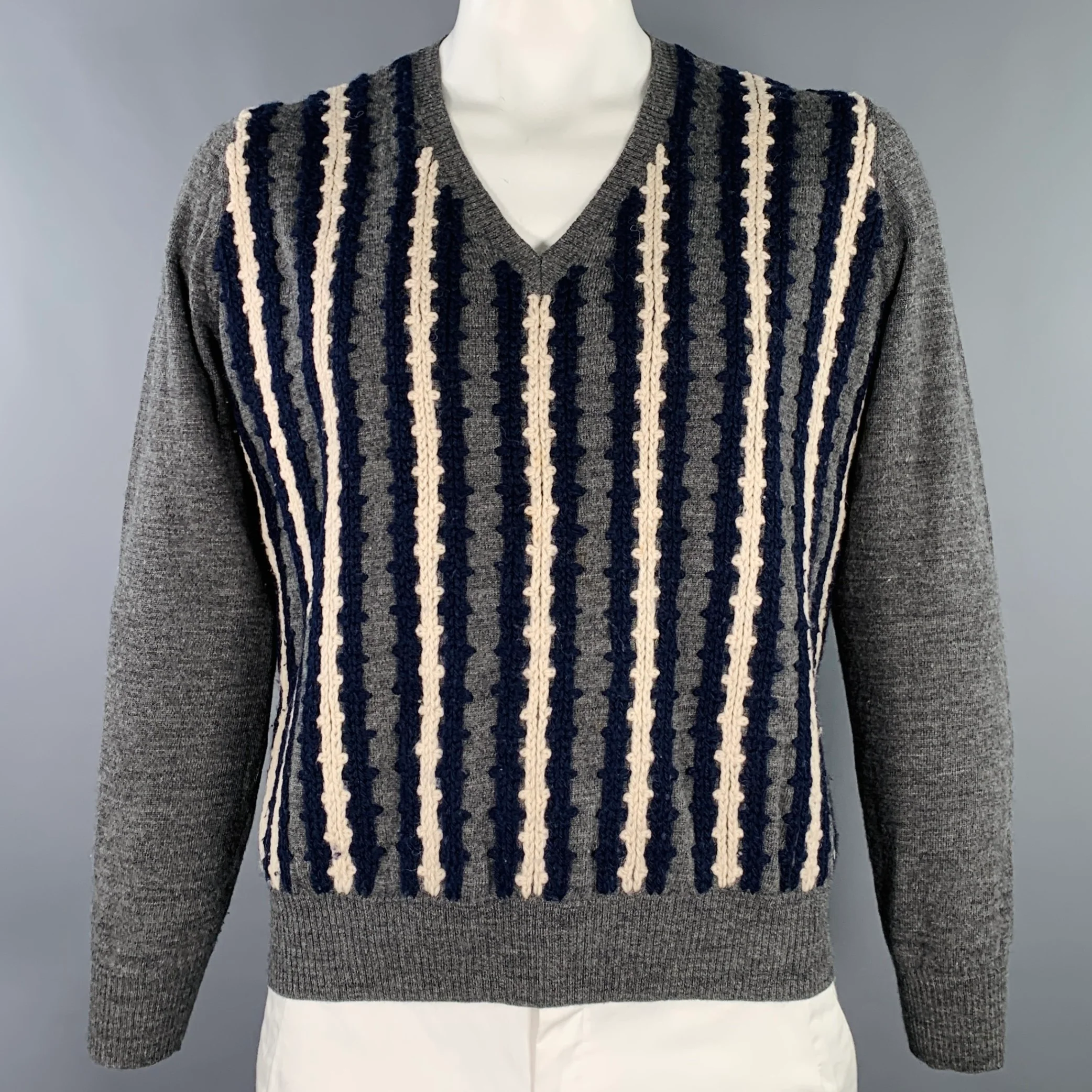DRIES VAN NOTEN Size XL Grey Navy Cream Stripe Wool V-Neck Pullover