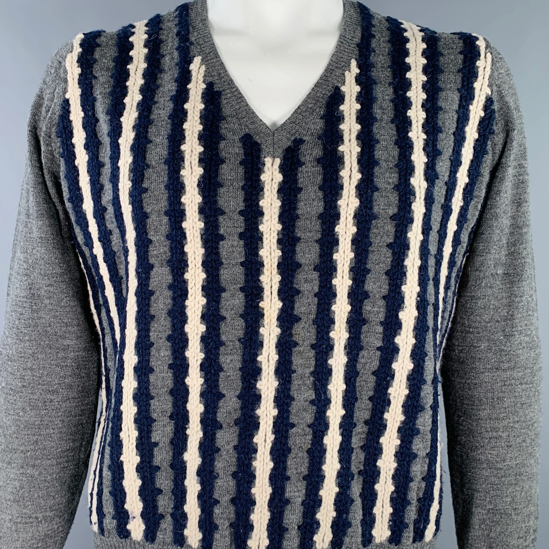 DRIES VAN NOTEN Size XL Grey Navy Cream Stripe Wool V-Neck Pullover - Image 2